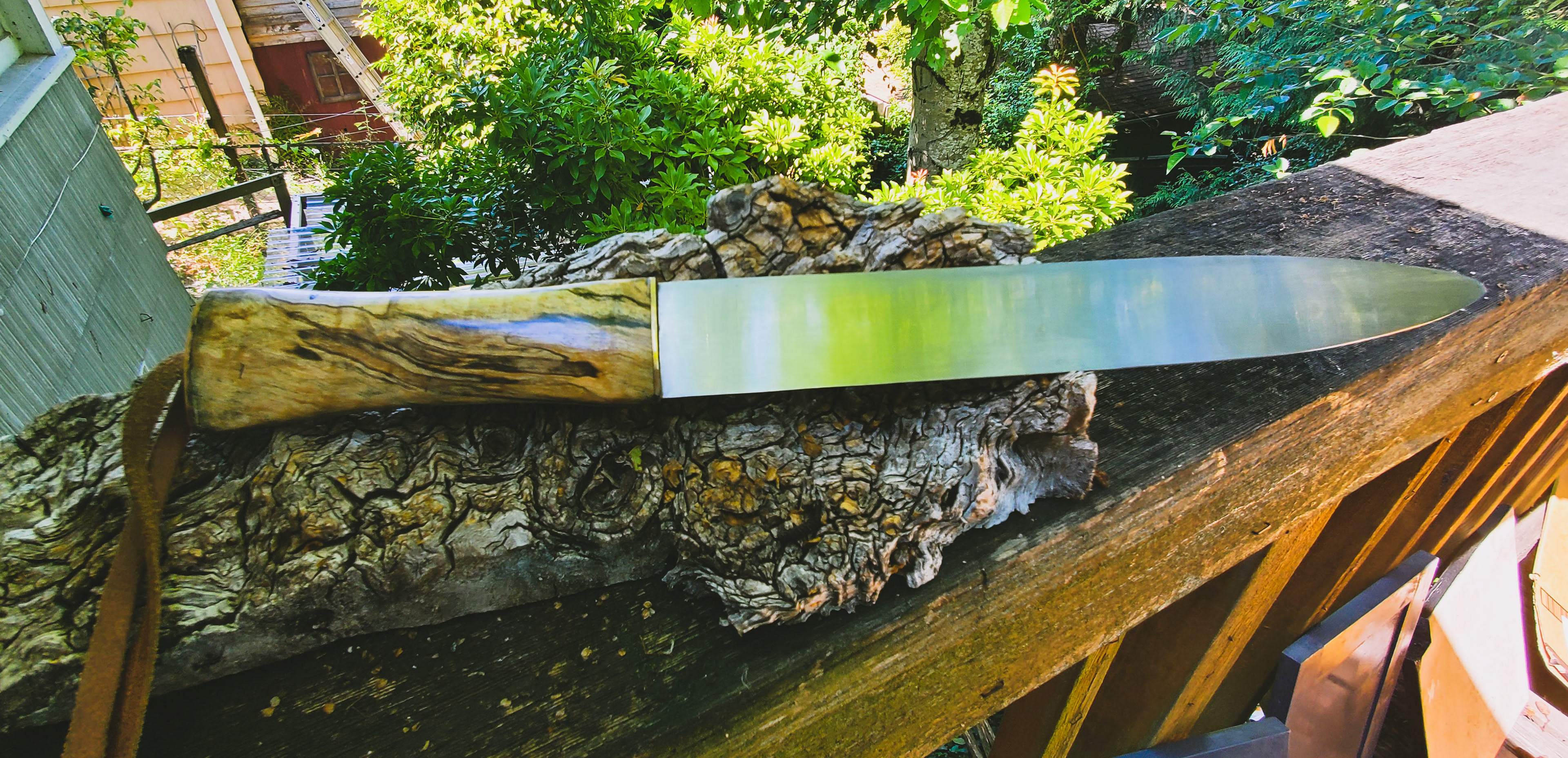Gotland Seax, 1084 blade with oak handle, bronze plates and brass loop/rivets