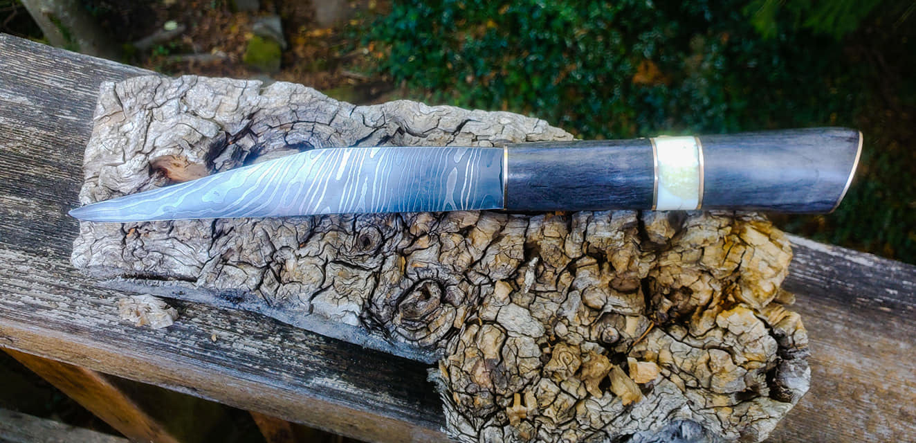 Seax, 1095/15n20 blade, cottonwood handle, with bronze and walrus ivory