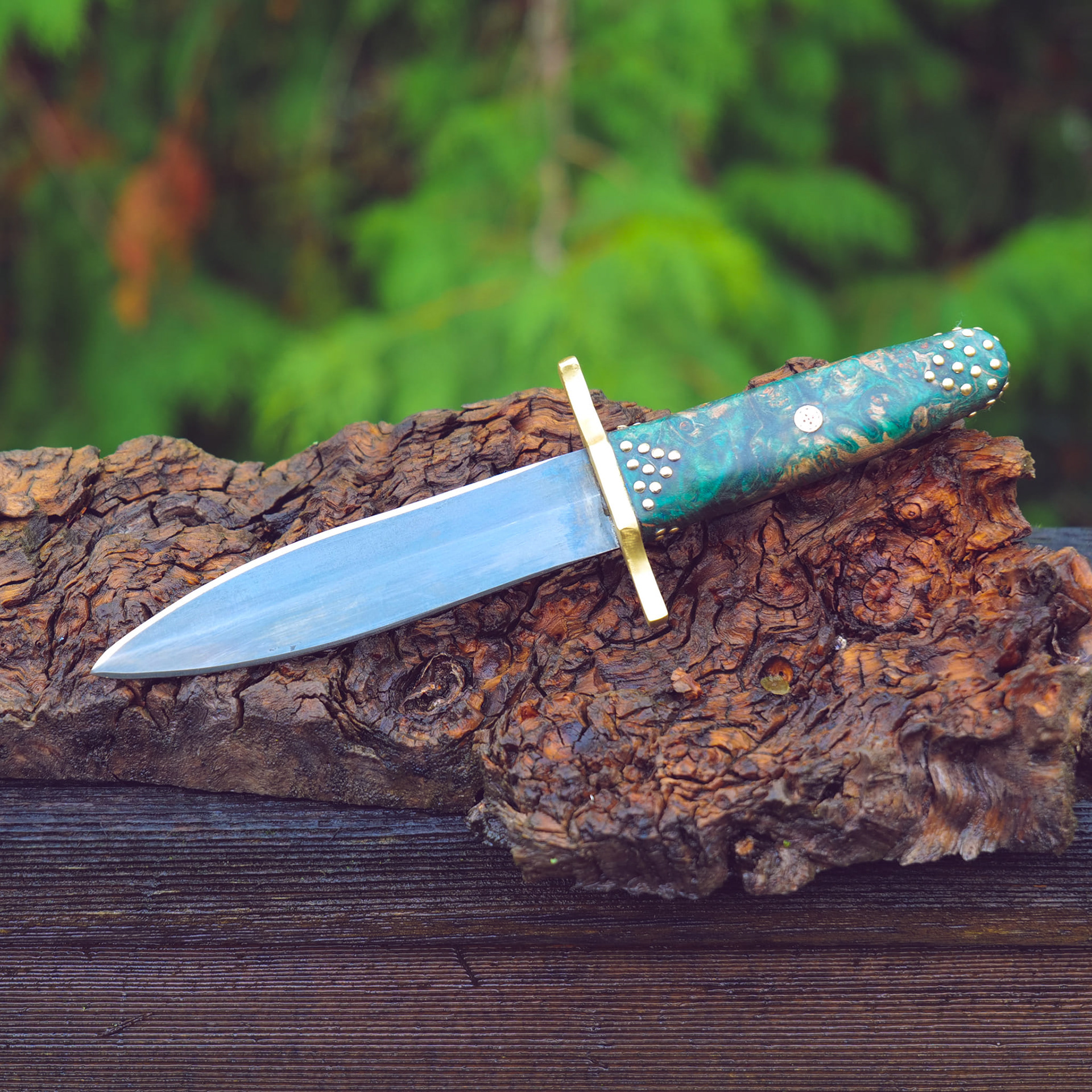 boot dagger, 5160 blade with brass bolster, maple grip and 73 brass pins