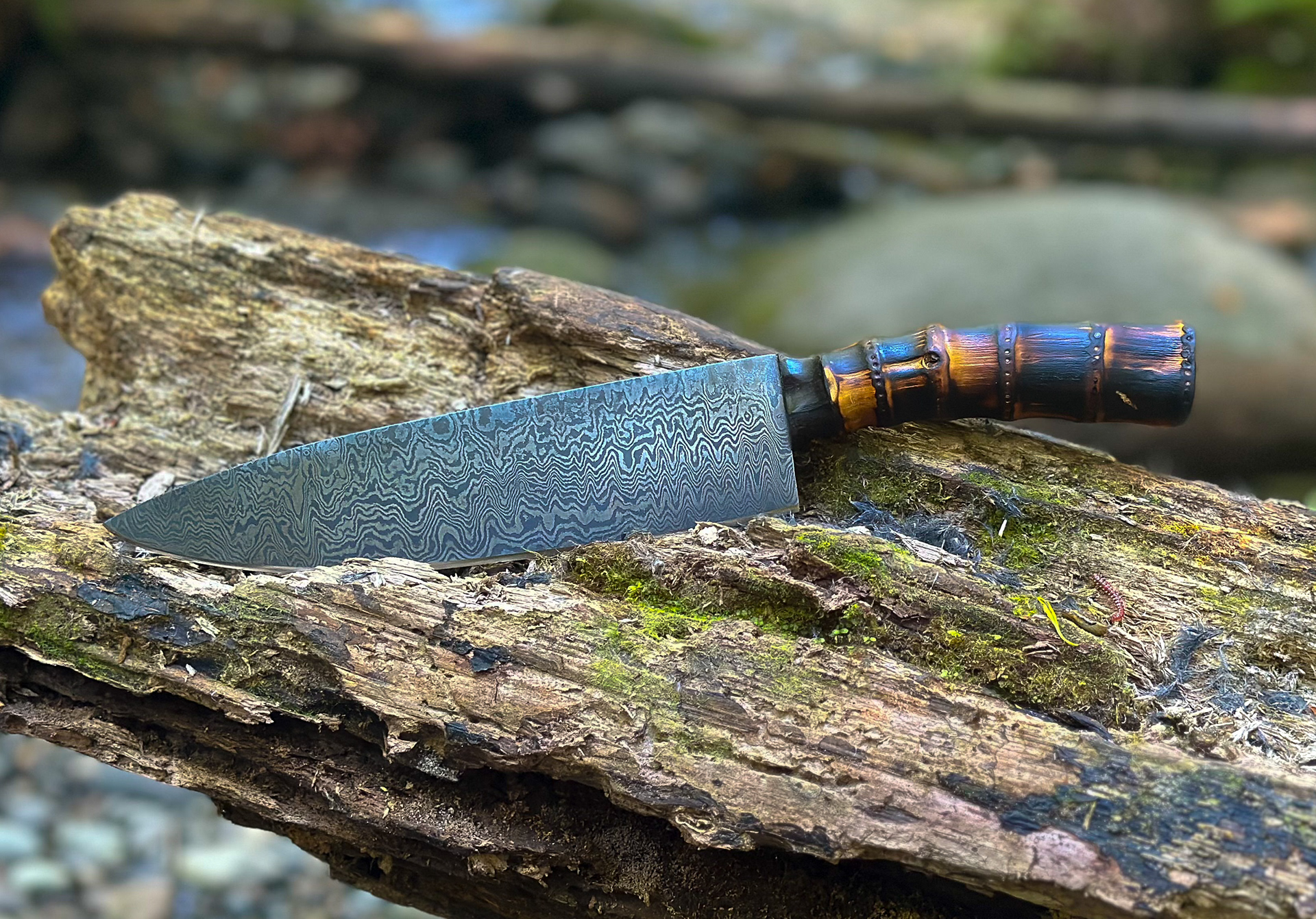 Chef Knife, Pattern weld san mai, with bamboo grip and bog oak bolster