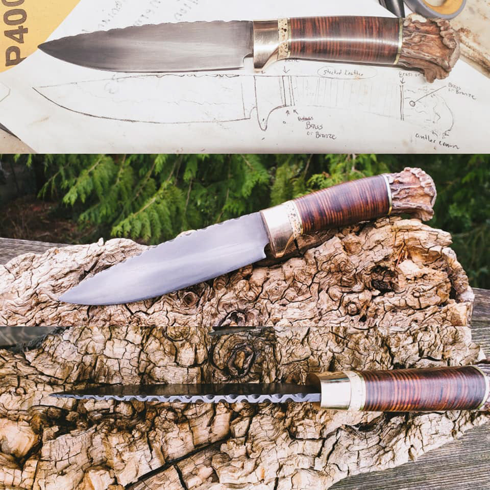1084, with bronze guard, walrus bone, stacked leather handle with deer crown pommel