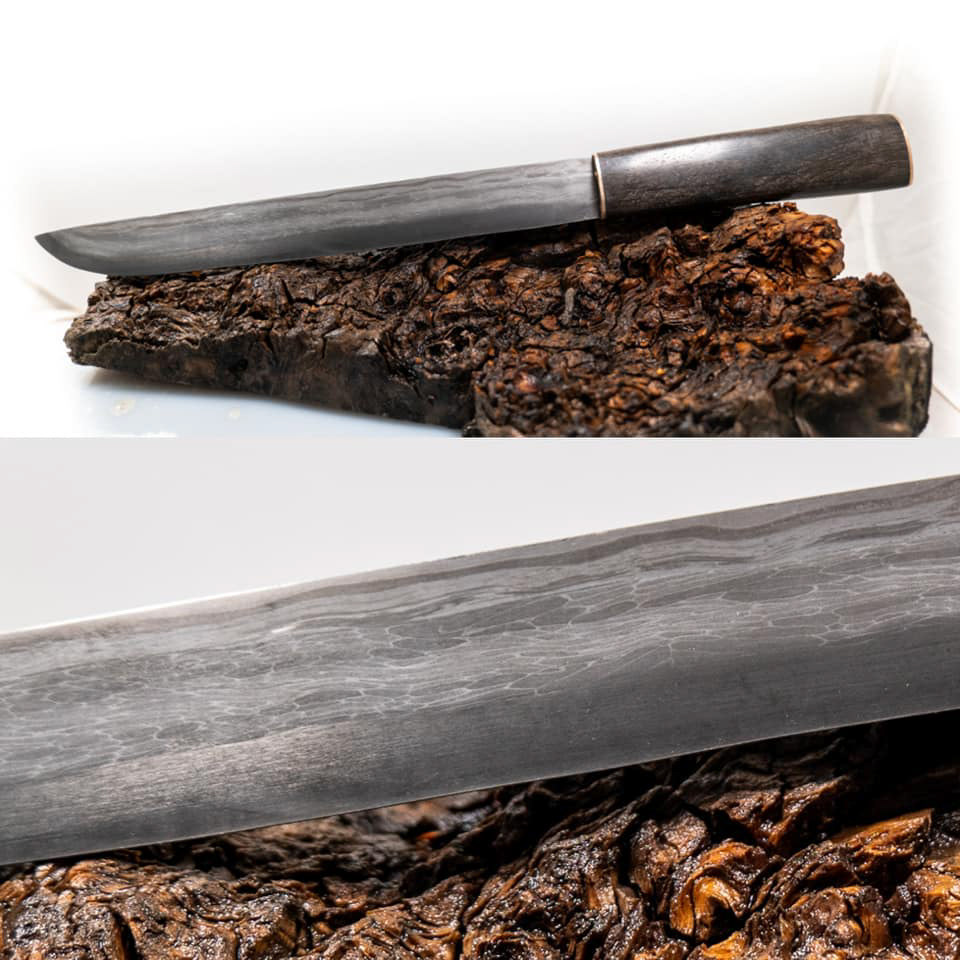 Baltic Seax. Wrought iron spine, twisted core, 80crv2 edge. Grip is bogoak with bronze plates. 14.75" oal 9.5" blade.