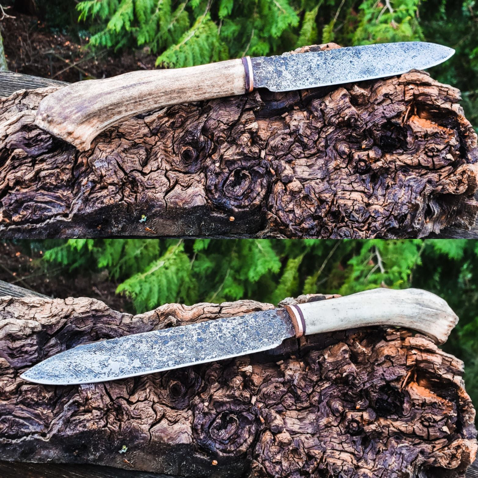 Grade AA Cushman. Blade forged to finish and heat treated by Chris. Caribou antler chosen by Chris, bolster of copper and leather from his shop. OAL: 11.5" blade (edge): 5.75"