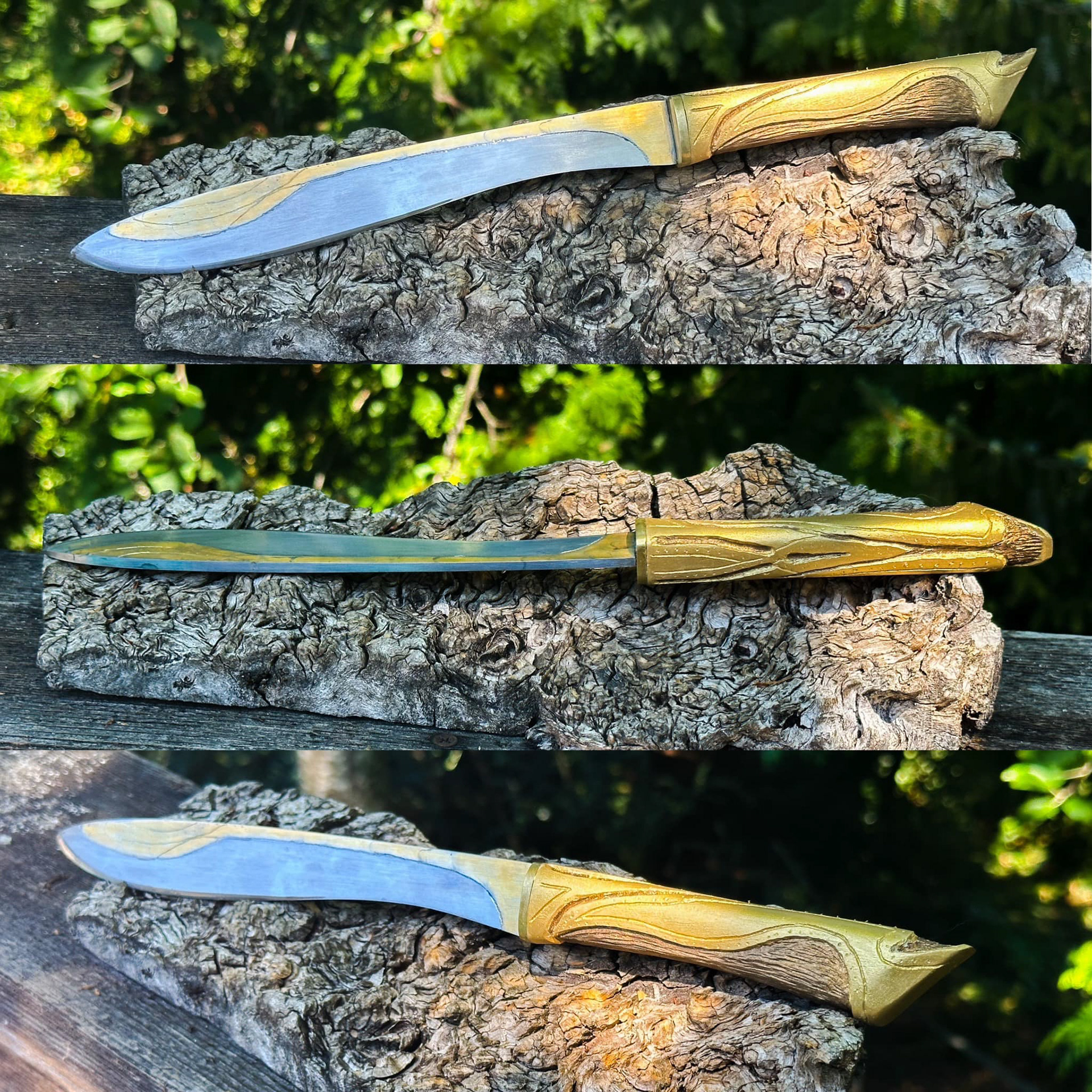 Elven Knife. 80crv2 w/24 karate gold, carved holly grip