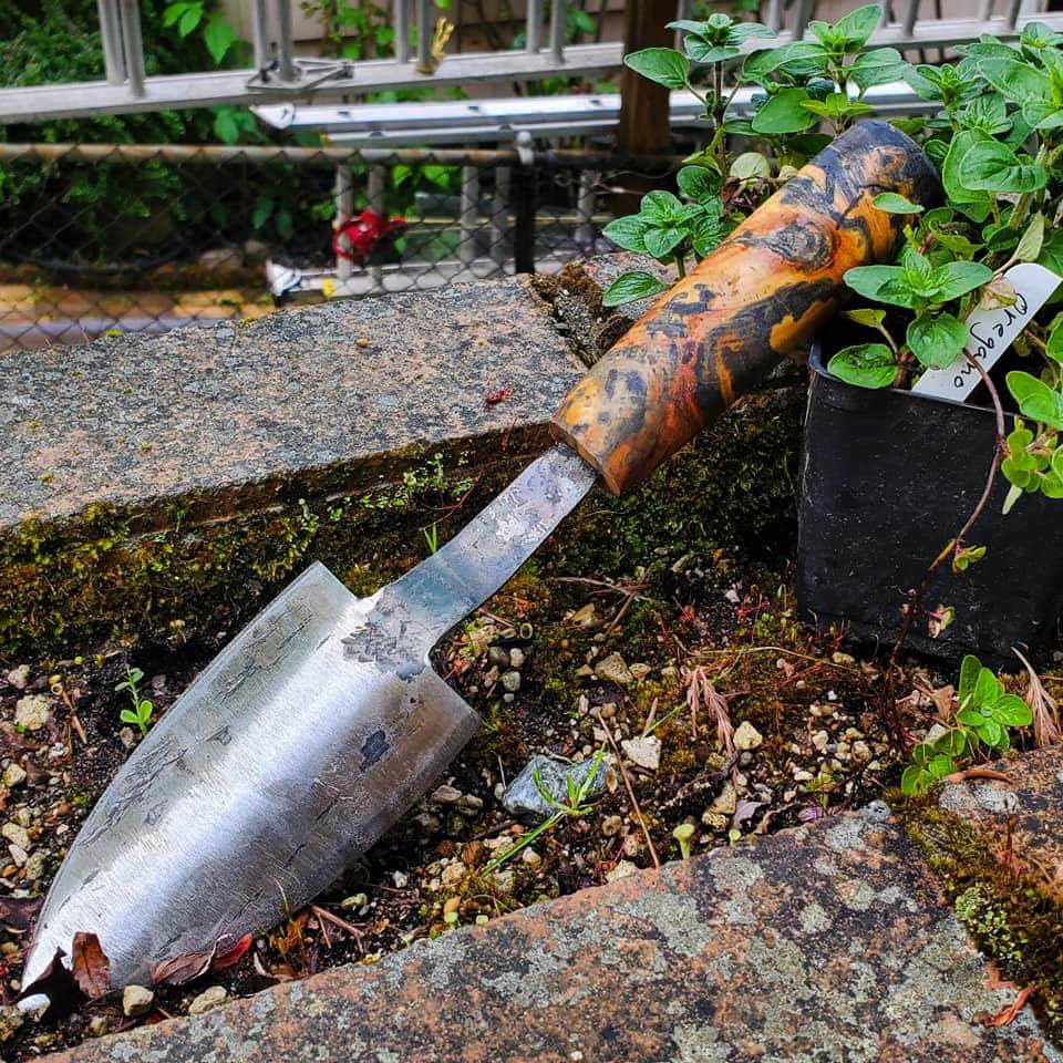 Forged gardening trowel with maple burl handle