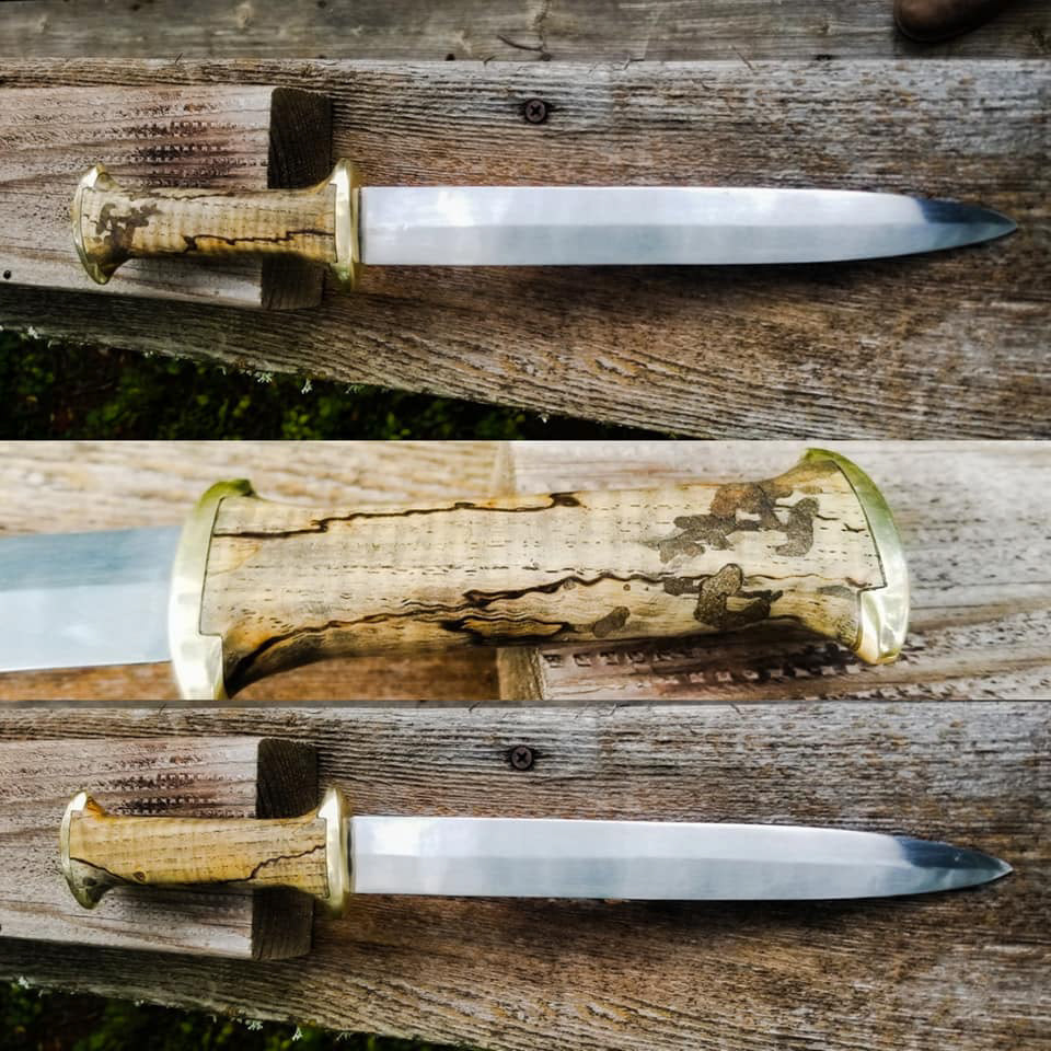 Swiss baselard. Spalted oak handle with brass plates. 13.25" oal 8.75" blade