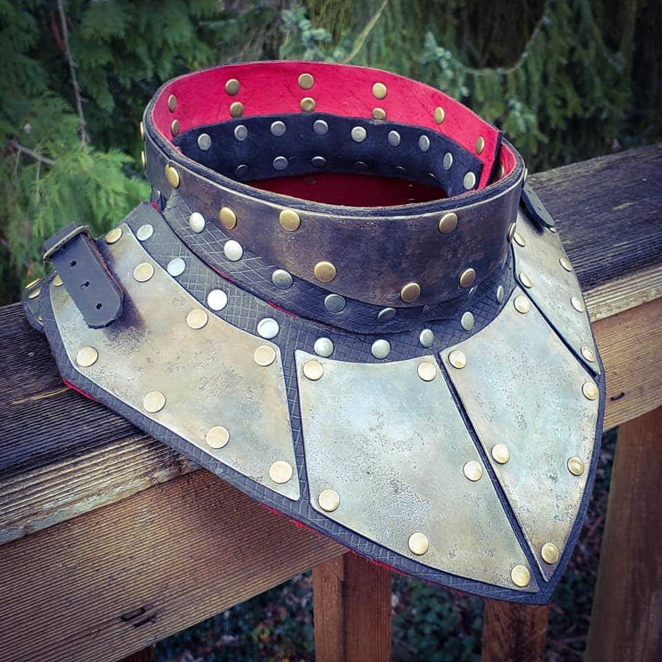 Gorget, with tooled leather, steel plates, and a trauma plate