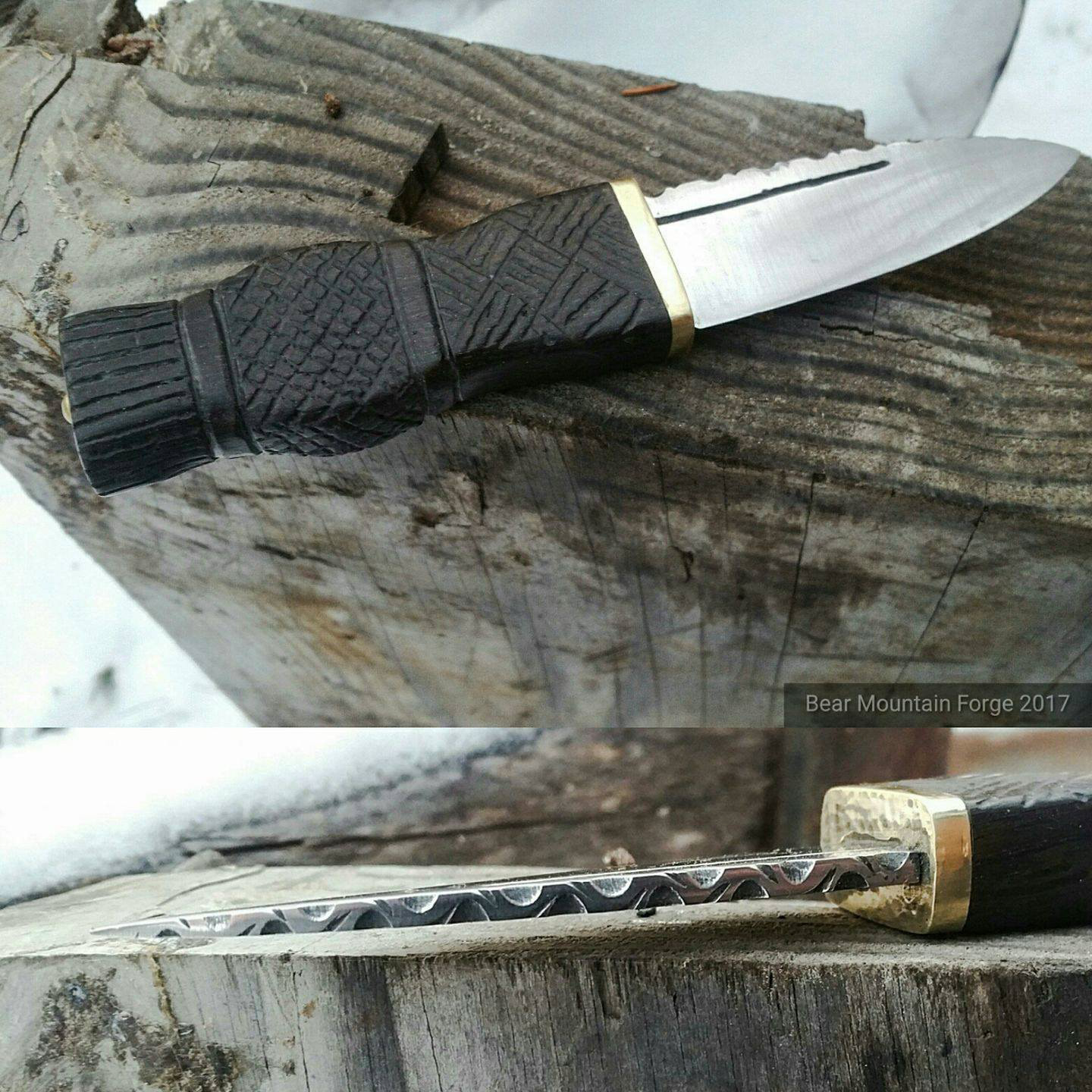 Sgian Dubh, 5160 blade, brass, and carved bog oak grip