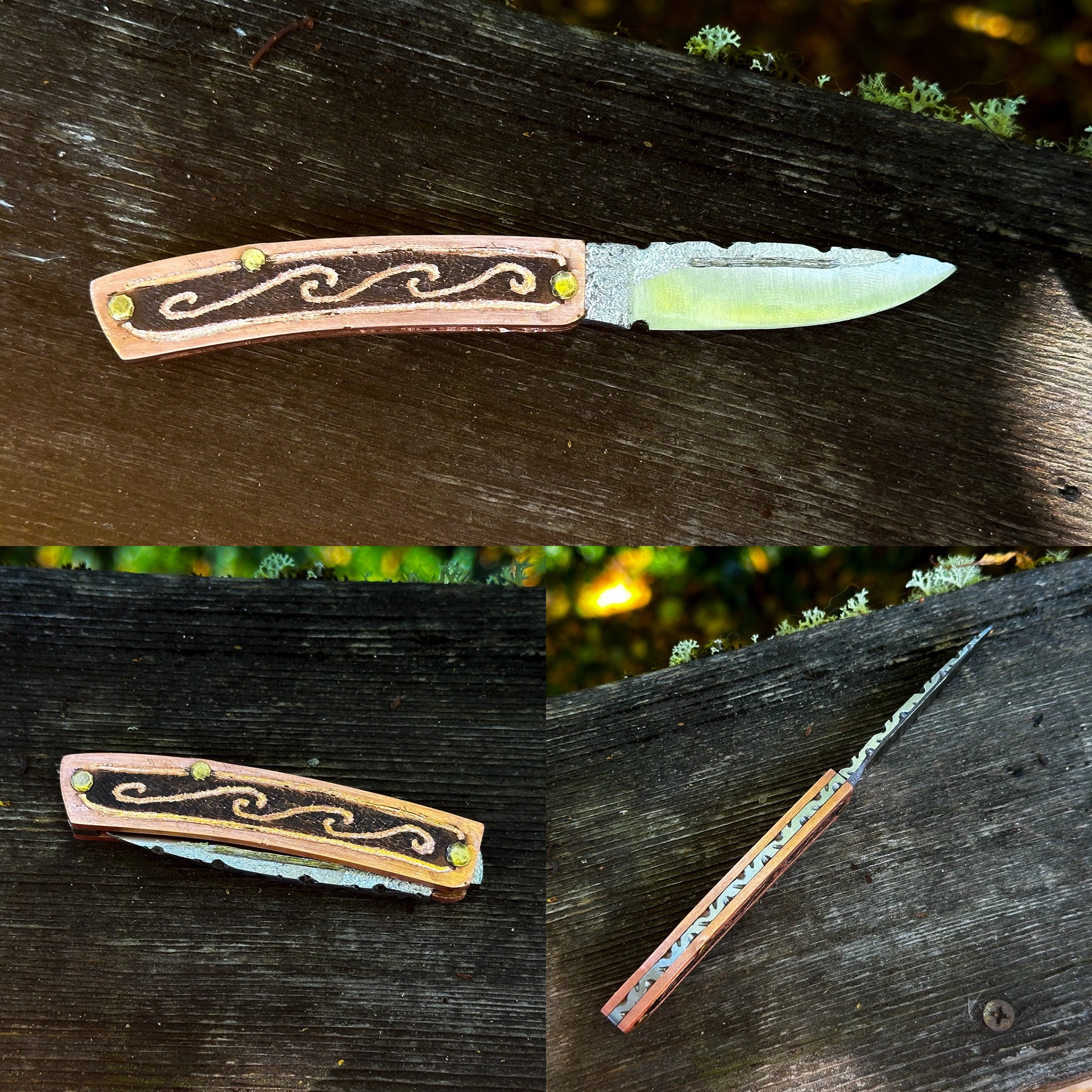 Folder. 1084 blade with copper grip and filework