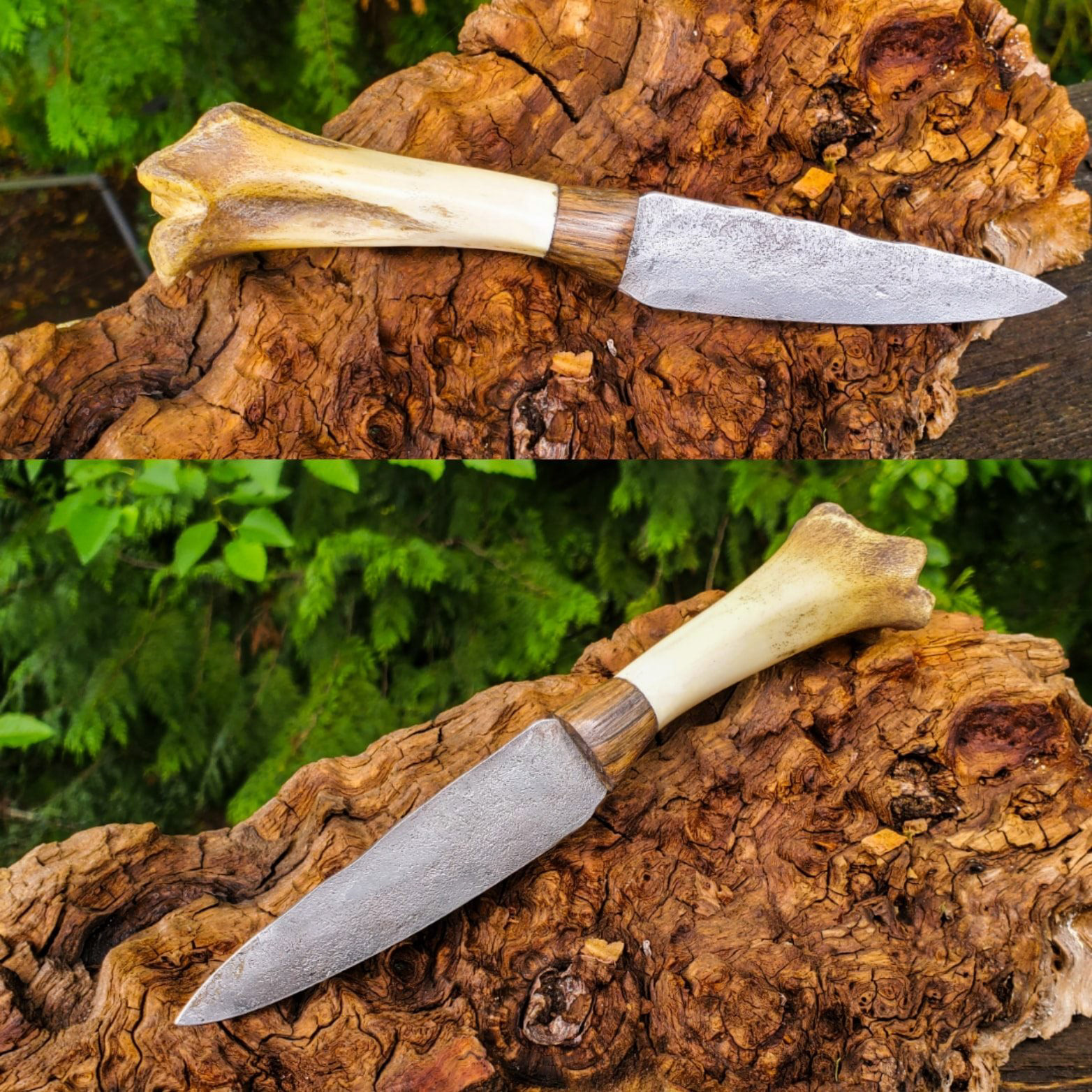 Grade AA. This blade was forged to shape and heat treated by Chris, he had a bone with it, this is a caribou leg bone. Needed a bolster so went with diver salvaged lake superior oak from my collection, he always liked the rusticated look of it. 4" blade 8" oal...a quintessential Cushman piece.