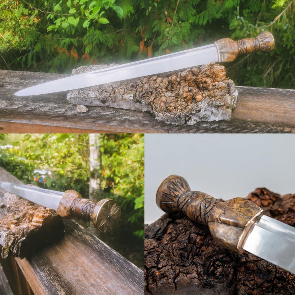 Scottish Dirk, 80crv2 blade, with carved maple burl grip. Bronze plates