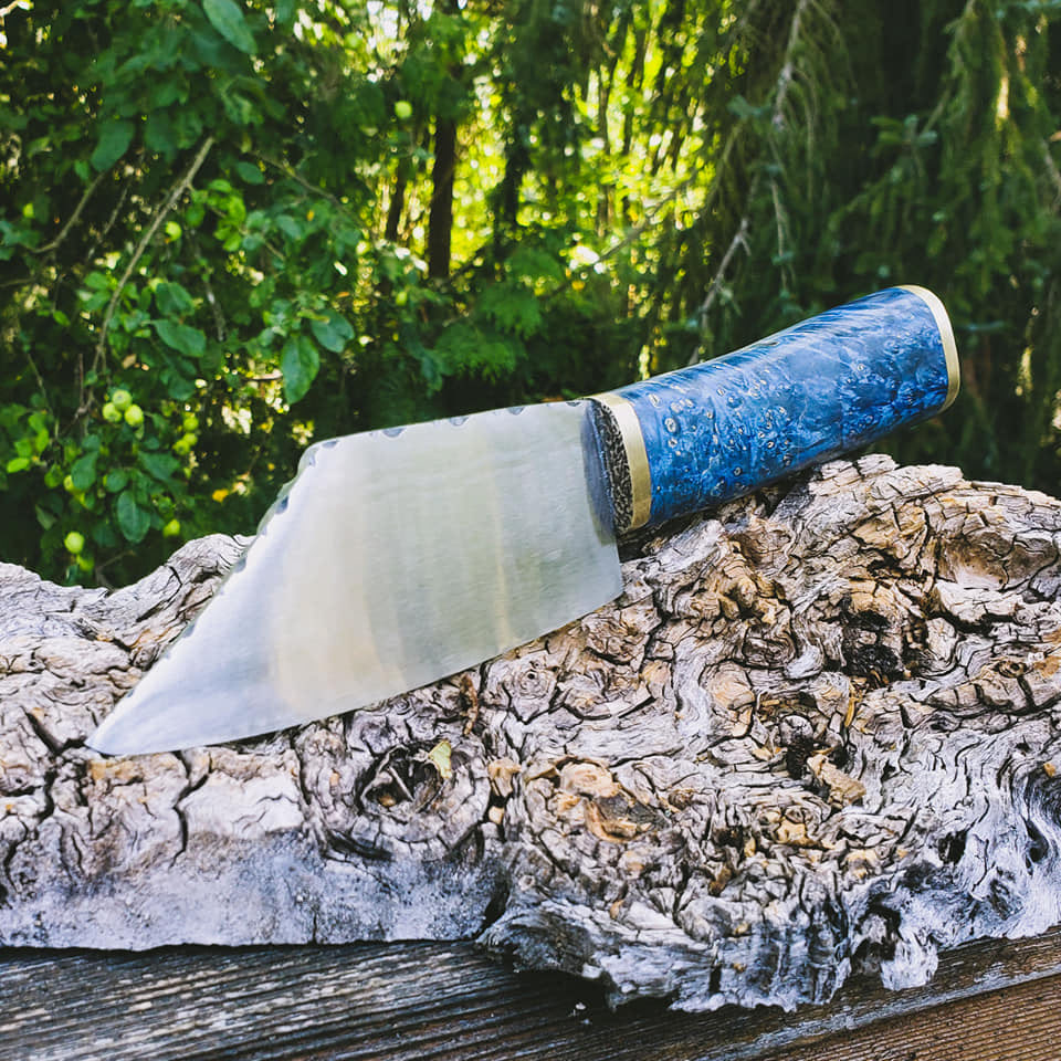 Kitchen Seax, 80crv2 with file worked spine, brass plates and box elder burl grip.