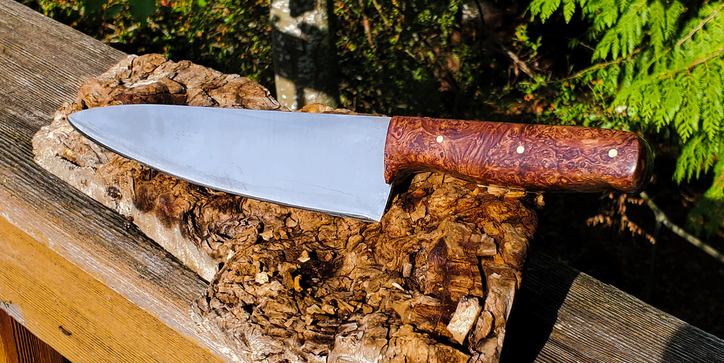 10" Chef knife in 15n20. honduran rosewood handle with brass pins
