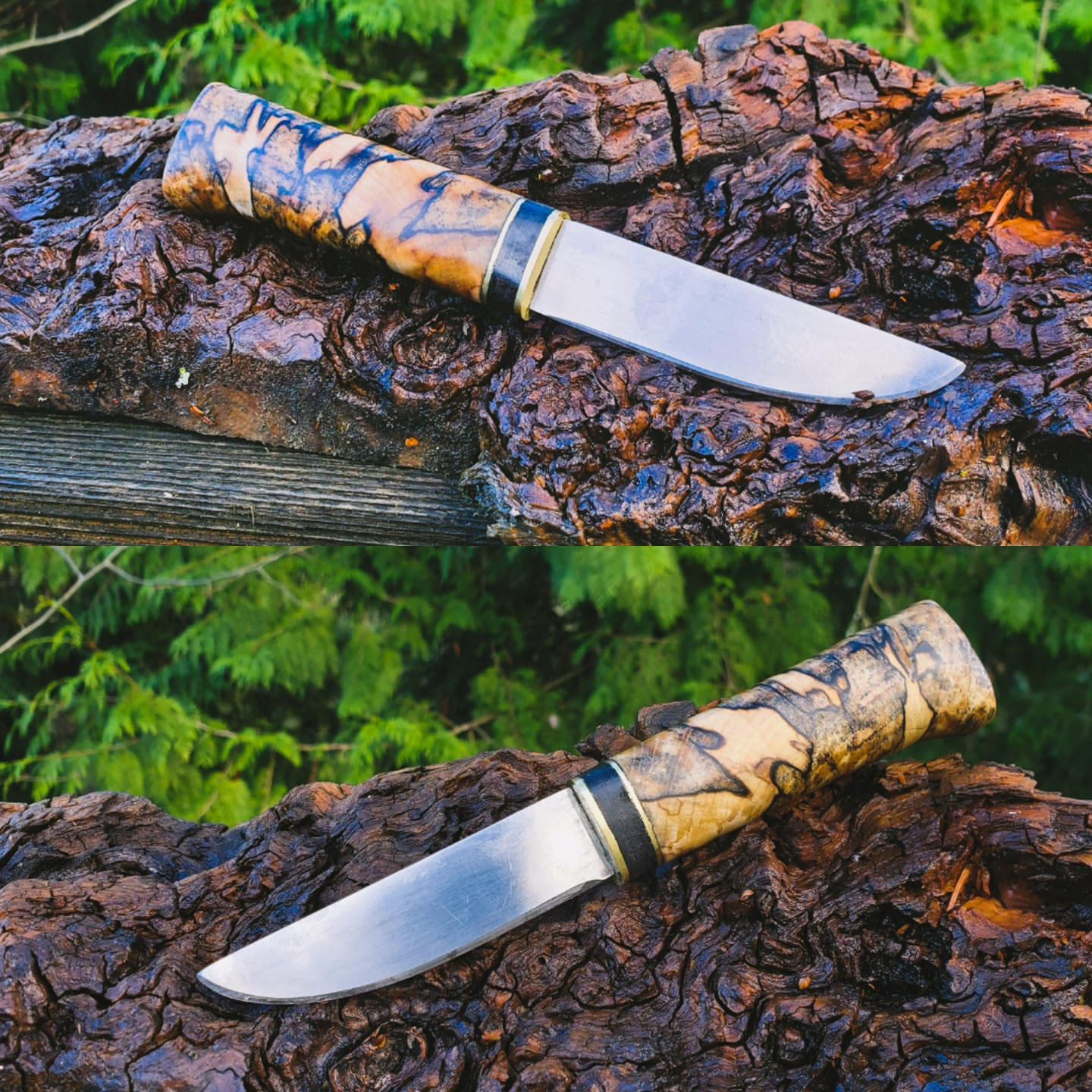 1095 blade, with spalted birch handle, brass and ebony bolster. OAL: 7.5" Blade: 3.5".