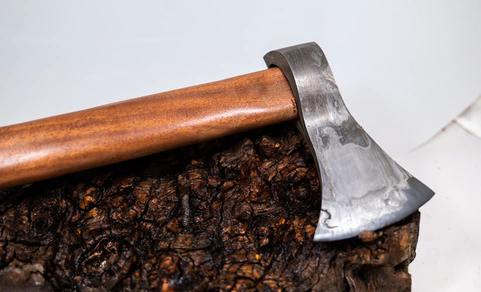 Small tomahawk. Wrought iron body with 1084 welded bit, Honduran rosewood shaft. 16.5" oal 4.75" head, 3" blade