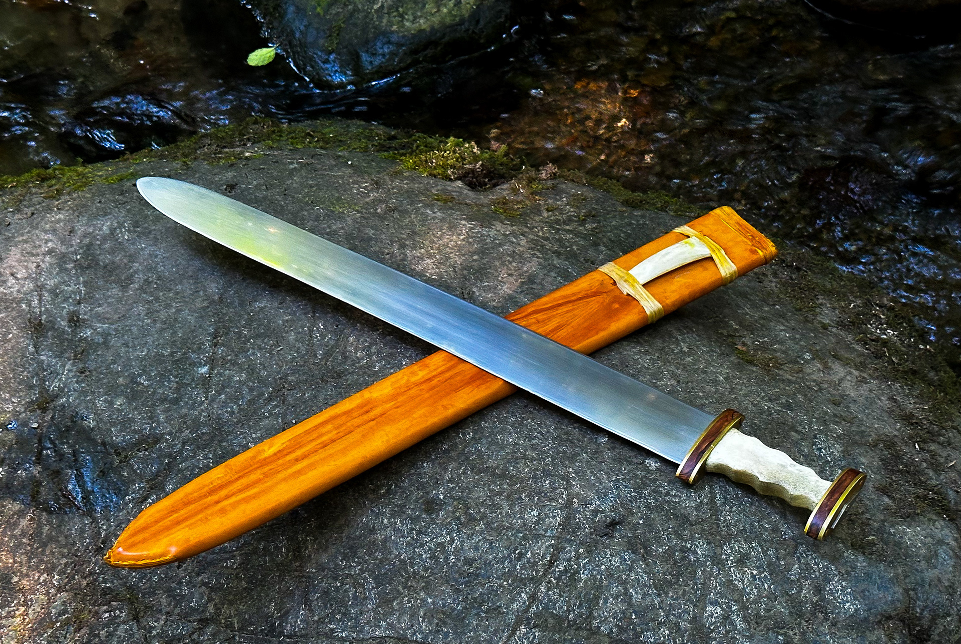 Spatha, with moose antler grip, brass and burl guard, (Apprentice work)