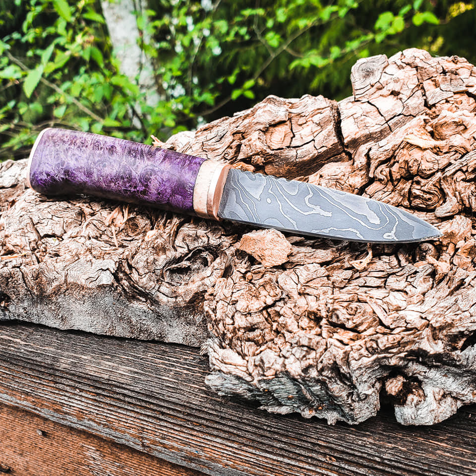 Birka inspired knife, with low layer pattern weld in 1095/15n20 with copper plates and walrus oosik, maple burl handle