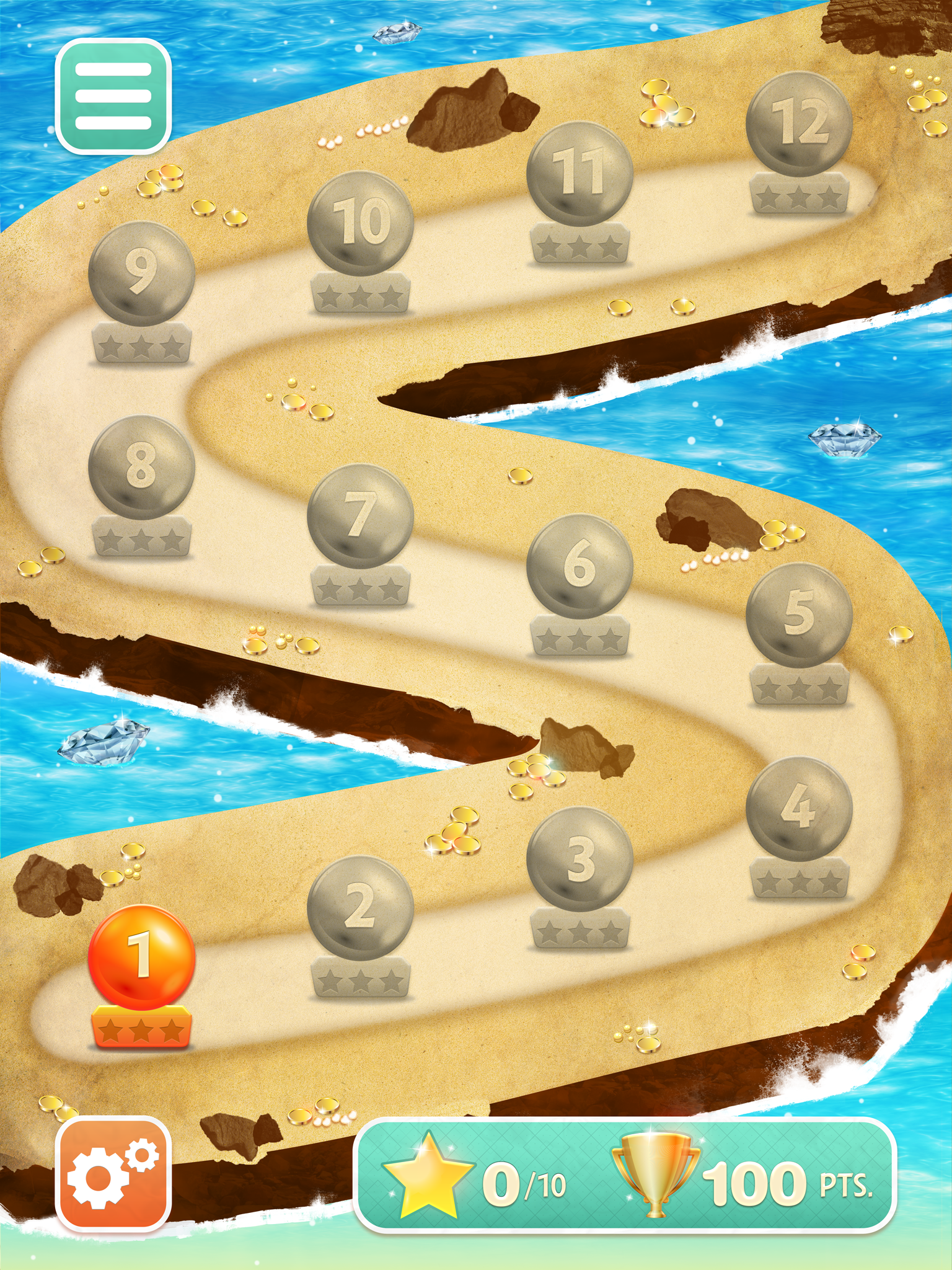 Game map screen, I made the map an island to carry on with the treasure theme with coins and jewellery in the sand and water.