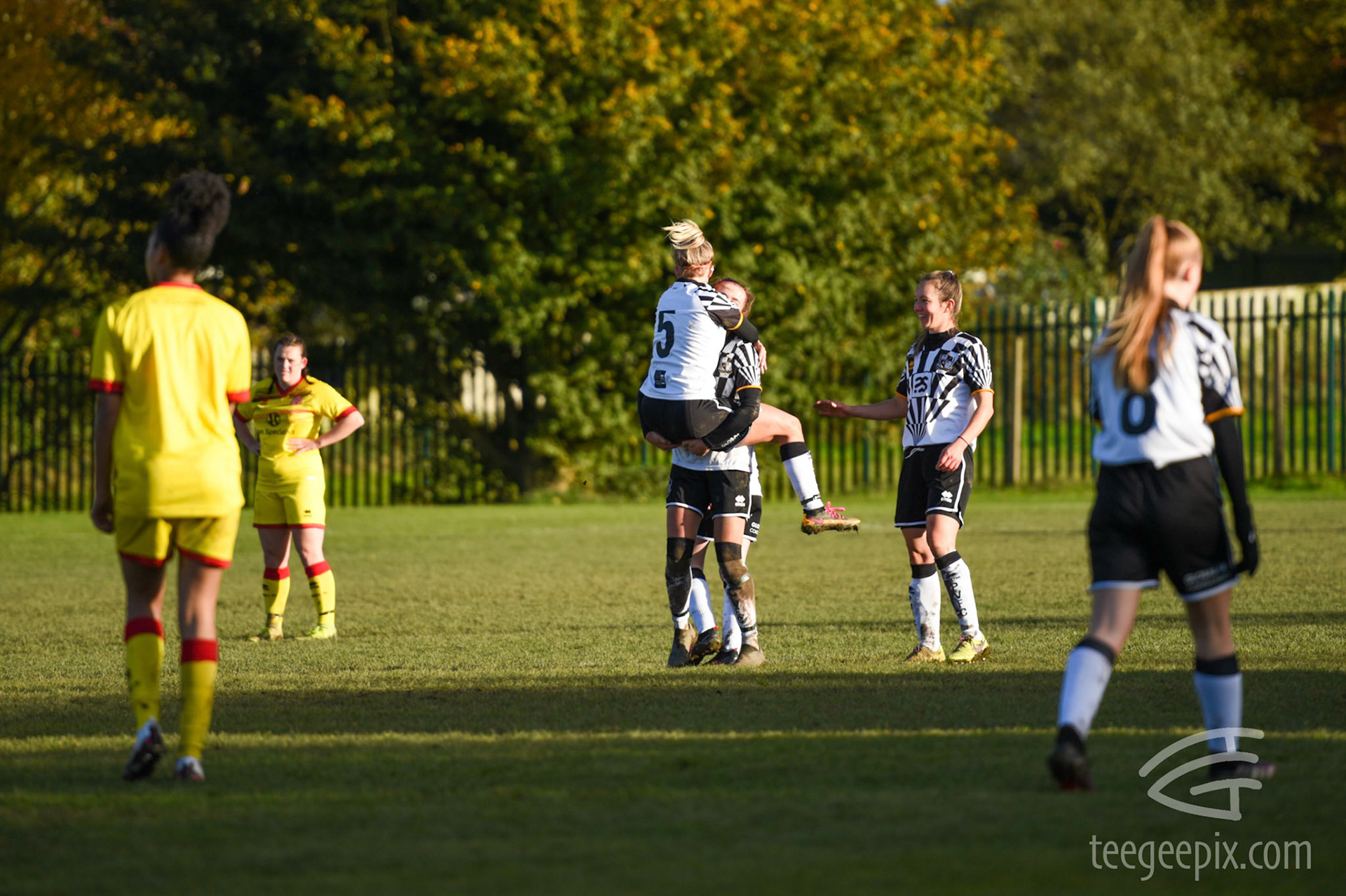 Mollie Garner is congratulated by the Vale skipper Meg Baldwin after scoring her second of the game
