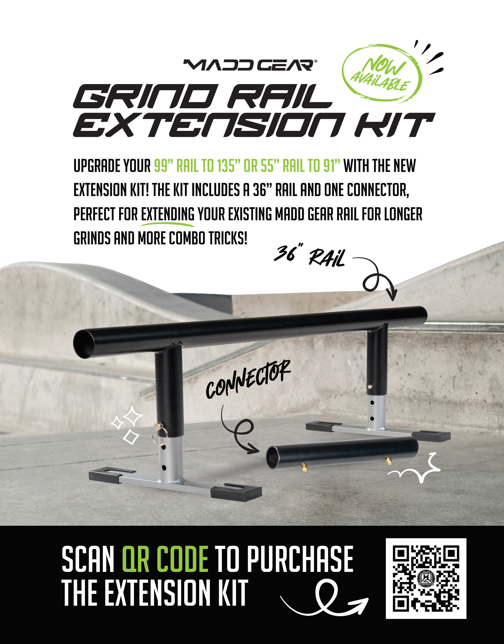 Flyer that comes with the packaging box of the 55" and 99" grind rails to promote the extension kit.