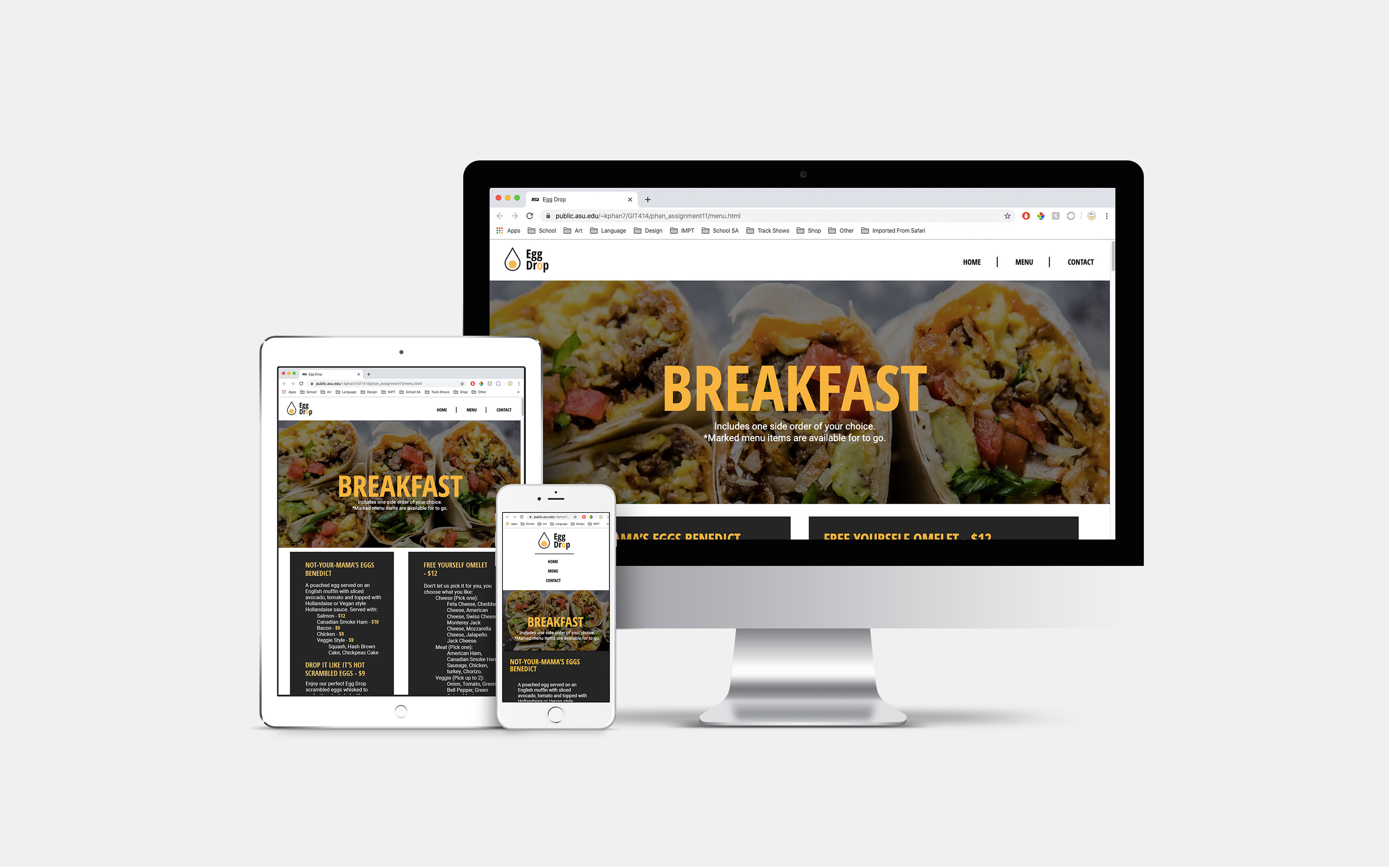 Mockup of menu page on the desktop, tablet, and mobile phone