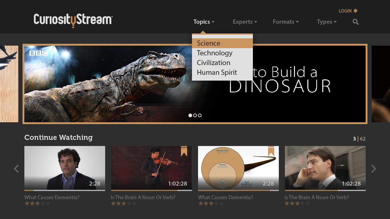 CuriosityStream Roku App - Home Screen: Art Direction, UI Design