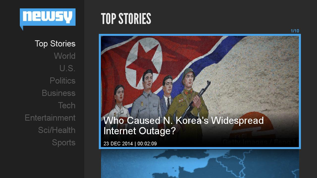 Newsy Roku App - VIdeo Picker Screen: UI Design / 2014 Cynopsis Model D Award - OTT Content Service Winner - Newsy Roku Channel