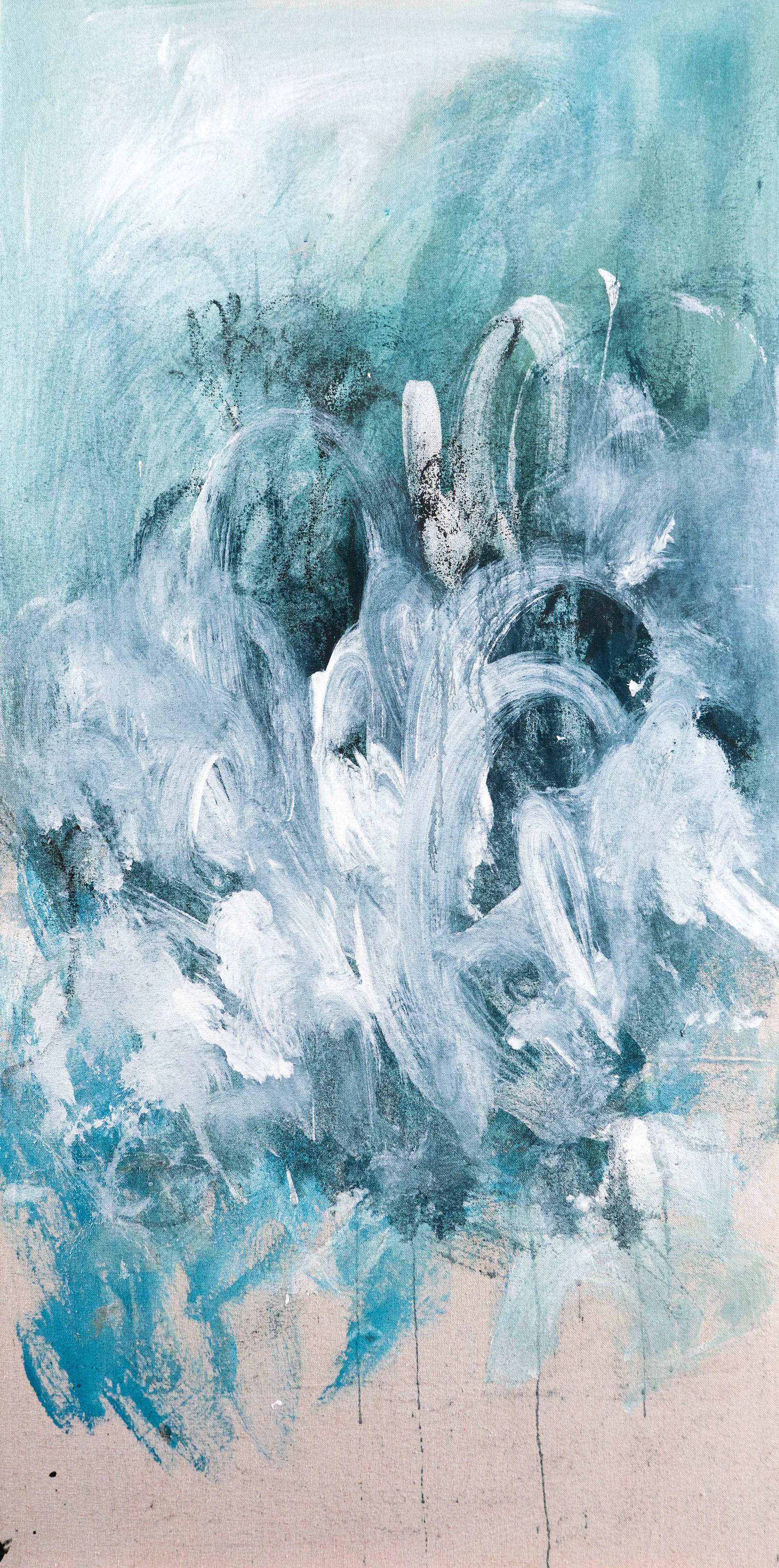 White Rabbit, I’m Late Too | 2020 | 24 x 48 in. | Acrylic, gesso, and charcoal on unprimed cotton canvas | Available