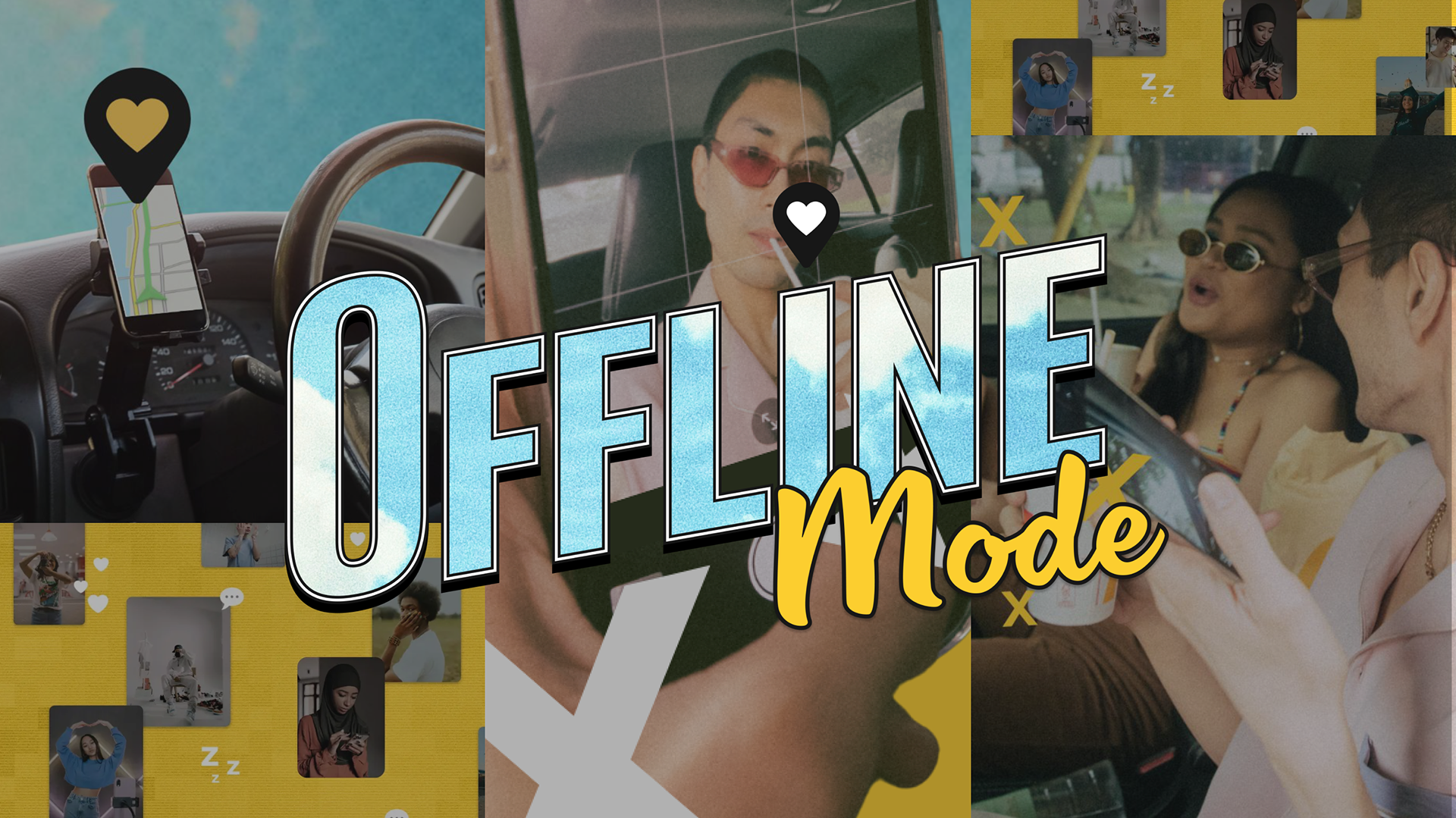 Collage-style graphic for the "Offline Mode" campaign featuring young people in cars using phones, GPS maps, and social media icons. The words “Offline Mode” are bold in the center, promoting safe driving without digital distractions. Design includes heart icons, location pins, and a vibrant mix of yellow, blue, and muted photography.