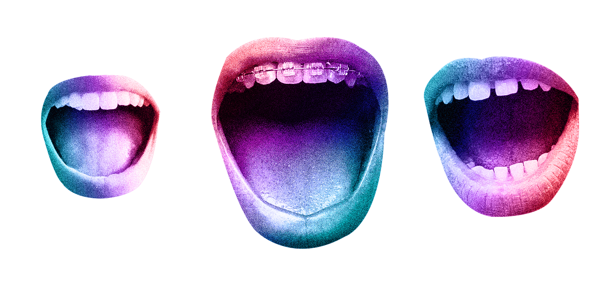 Three stylized, open mouths in varying sizes, digitally colored with a gradient of vibrant purples, blues, and pinks. The mouths appear to be shouting or speaking, symbolizing expression, voice, or protest.