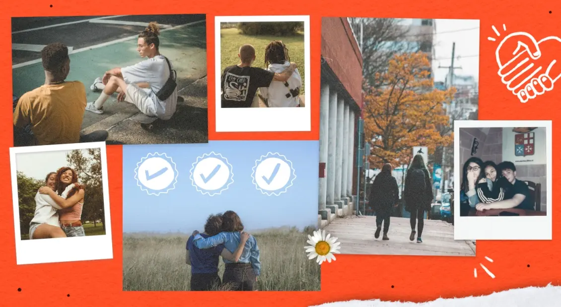 A collage of candid photos featuring young people supporting one another—hugging, walking together, and sitting in conversation—set against a textured orange background with illustrated doodles like a handshake, checkmarks, and daisies. Part of a visual system developed to unify a year-long mental health campaign under DoSomething.org.