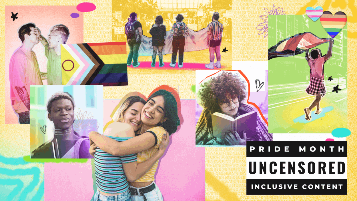 A colorful collage celebrating Pride Month, featuring diverse LGBTQ+ individuals in joyful and affirming moments. Scenes include people hugging, kissing, reading, walking together draped in a rainbow flag, and skateboarding with a Pride cape. Various Pride flags, including the Progress Pride flag, are incorporated throughout. The background is filled with pastel gradients, doodles, hearts, and empowering handwritten text. At the bottom right, bold text reads: “PRIDE MONTH — UNCENSORED — INCLUSIVE CONTENT.” The overall tone is vibrant, inclusive, and celebratory.
