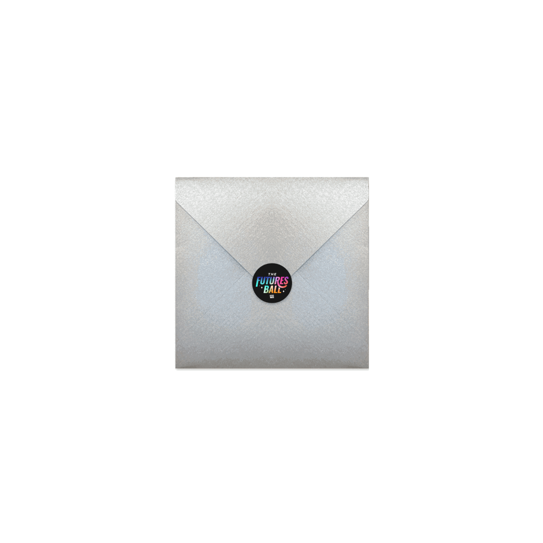 Animated GIF showcasing the printed invitation suite for The Futures Ball, a youth-led gala celebrating changemakers. The rotating slides include a shimmering silver envelope sealed with a holographic logo sticker, a bold square invite with event details, RSVP and sponsorship cards with gradient typography and QR codes, and a sponsorship tiers card outlining levels like “Changemaker” and “Trailblazer.” The cohesive design features rainbow gradients, star motifs, and clean, modern typography—capturing a futuristic, celebratory tone. Designed for a high-impact gala experience that blends style, clarity, and youth-focused activism.