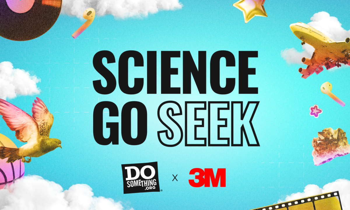 Brightly colored digital collage-style graphic for the “Science Go Seek” STEM campaign, co-branded by DoSomething.org and 3M. The design features playful floating objects like birds, stars, airplanes, and records against a blue sky with clouds. Bold text in black and outlined white reads “SCIENCE GO SEEK,” visually emphasizing a sense of curiosity and discovery through everyday items.