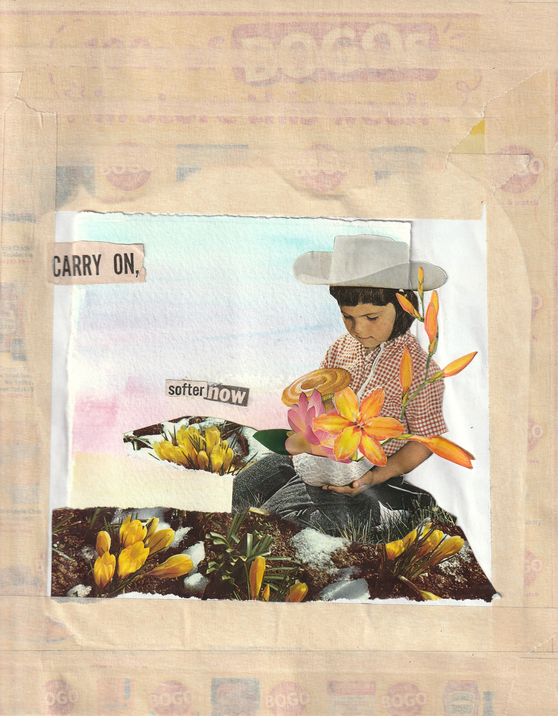 'Nostalgia 1,' 2022. Newspaper ads, tape, watercolor, found images.