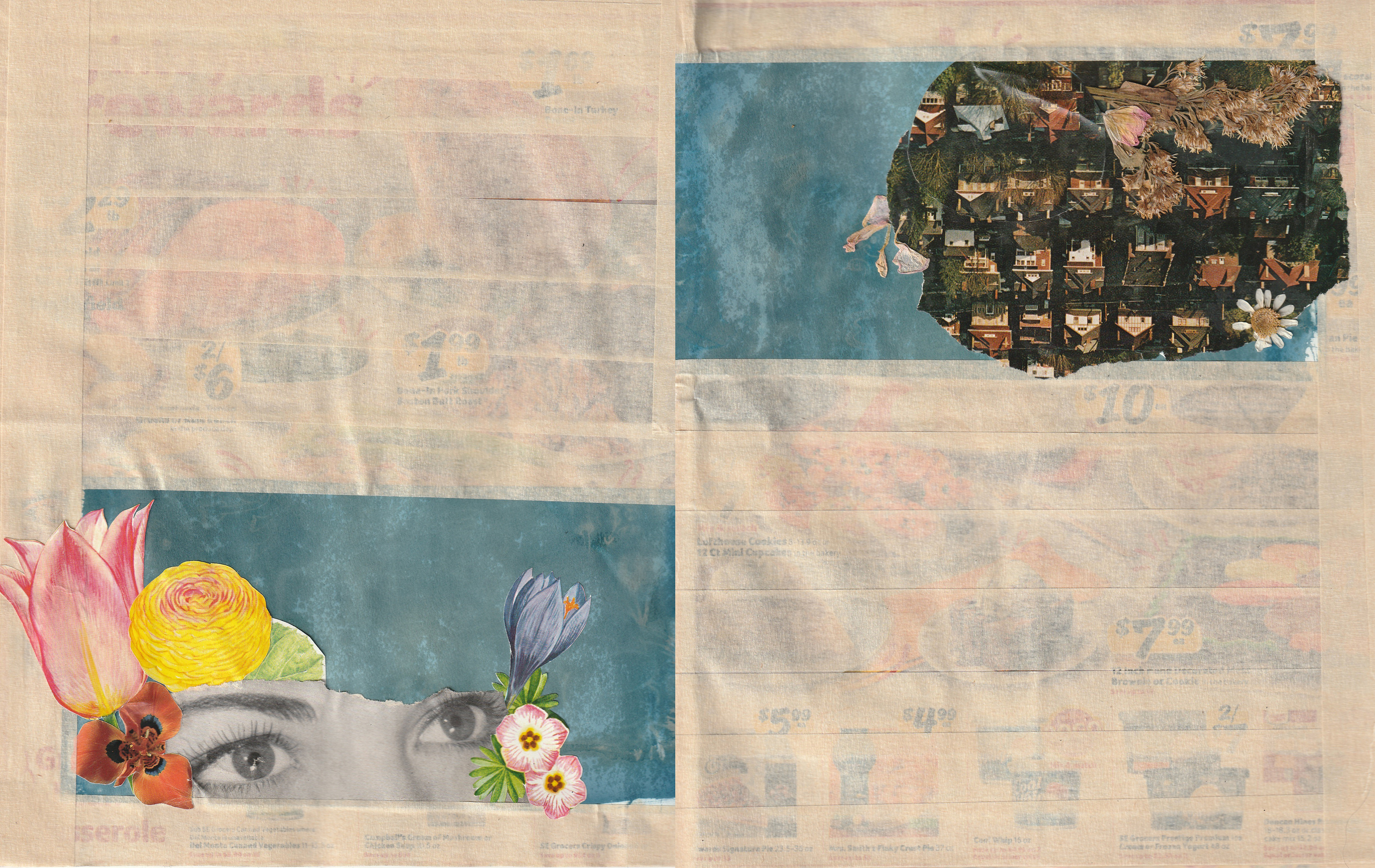 'Nostalgia 2,' 2022. Newspaper ads, tape, cyanotype, found images, pressed flowers.