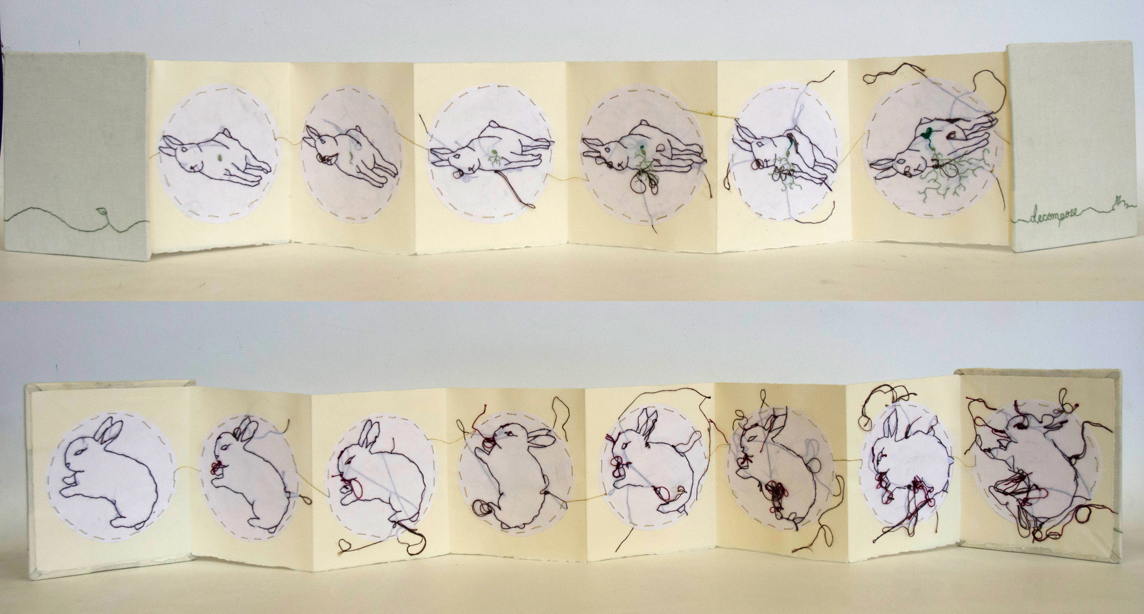 'Decompose,' 2017. Hand bound accordion book, hand embroidery.