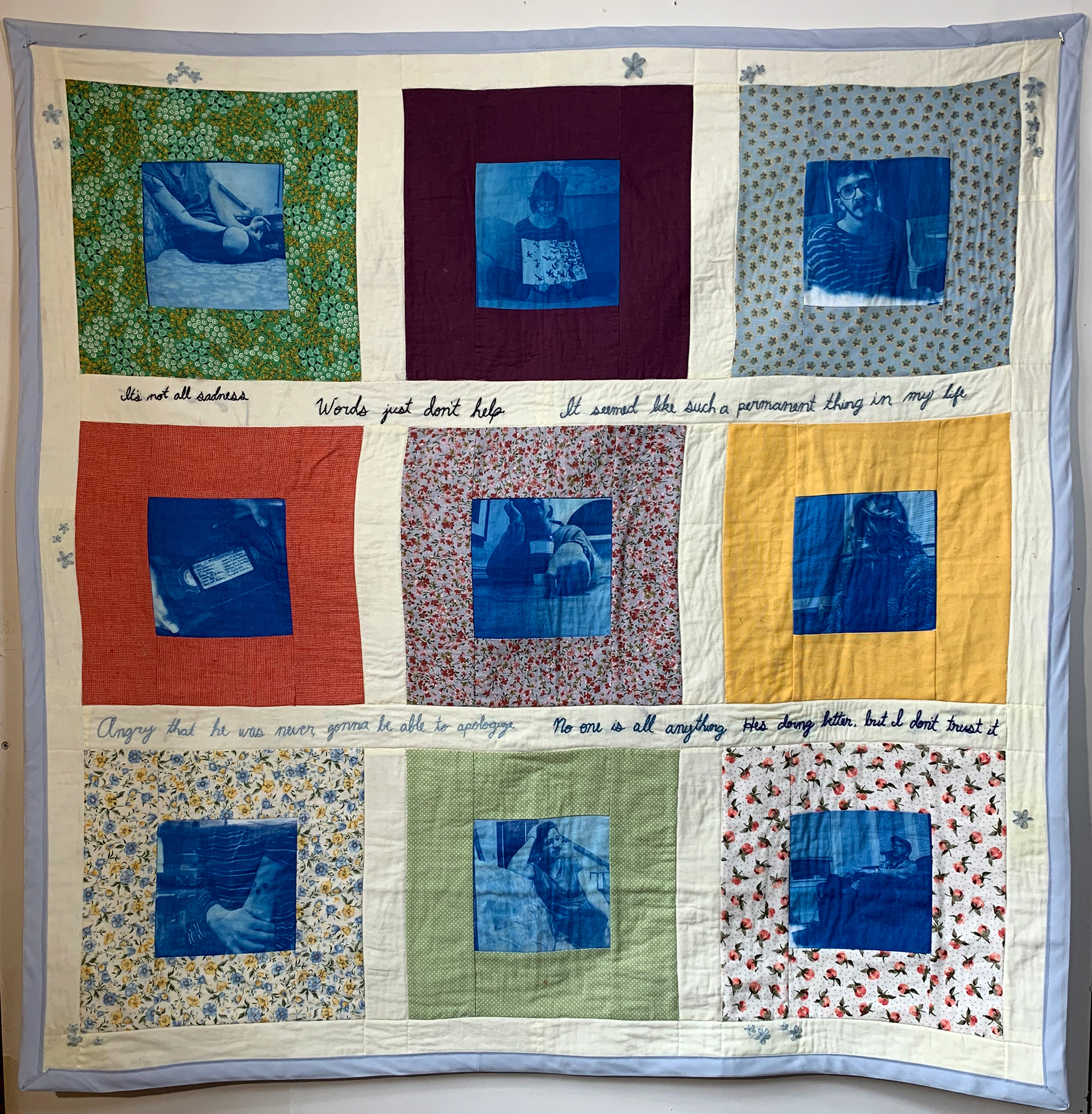 'Comfort Quilt,' 2019. Quilt, hand embroidery, cyanotype on fabric