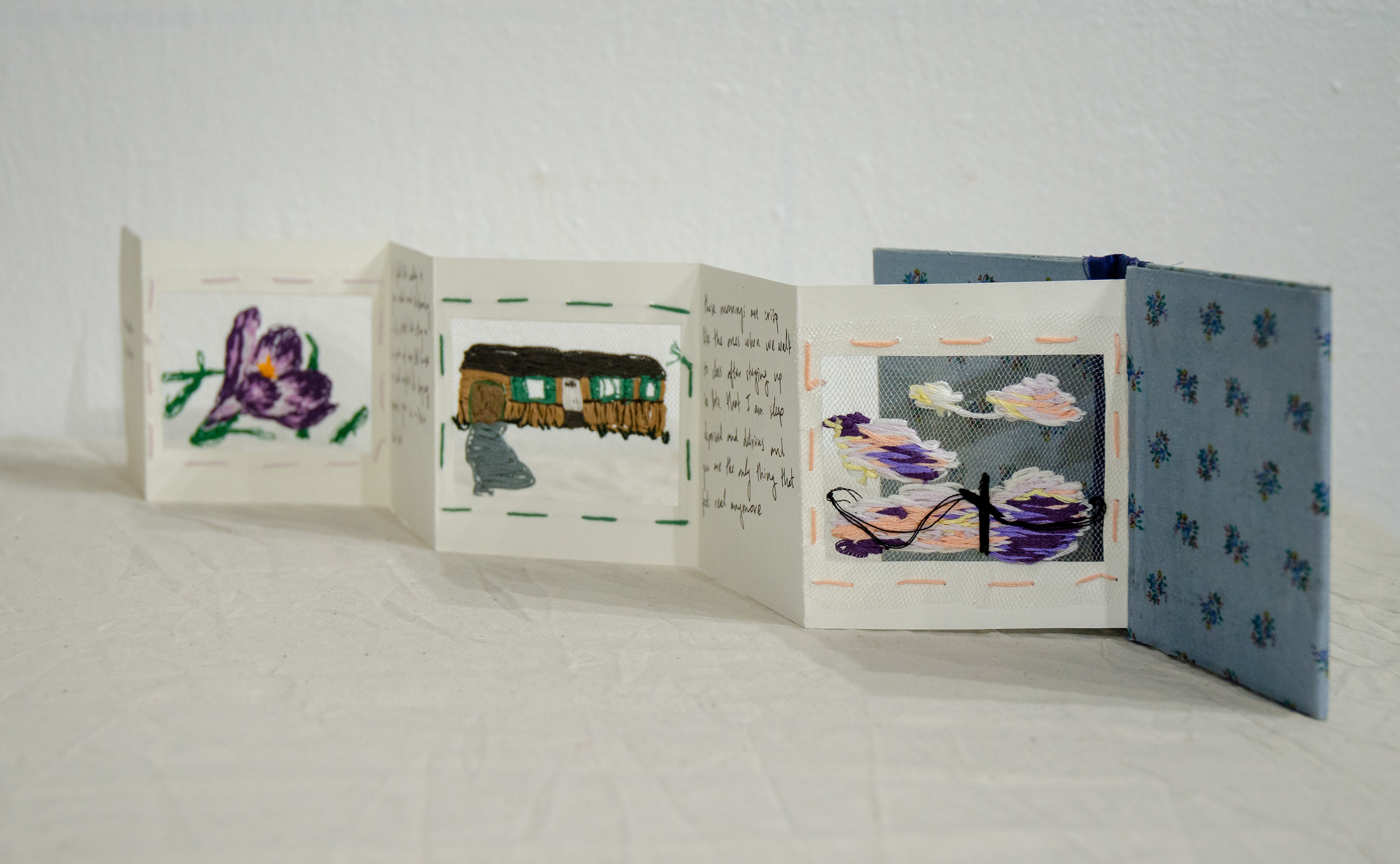 'For Noah,' 2021. Hand bound book, hand embroidery on tulle