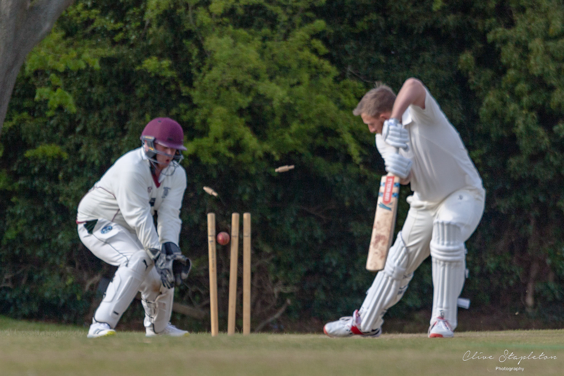 Tim Payne is bowled by H Ali of Drayton Parslow. New Bradwell are 90-5 chasing 149.