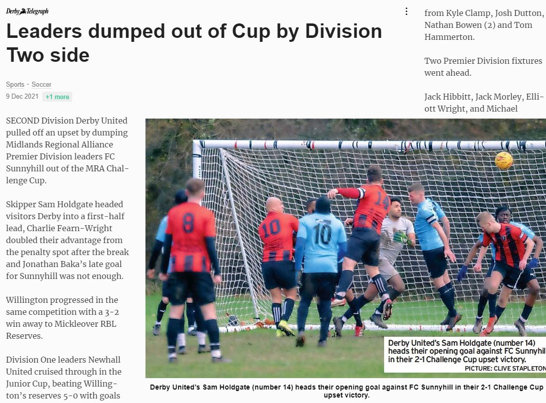 Press Cutting showing my photo of MRA  Cup Match being used in Derby Telegraph