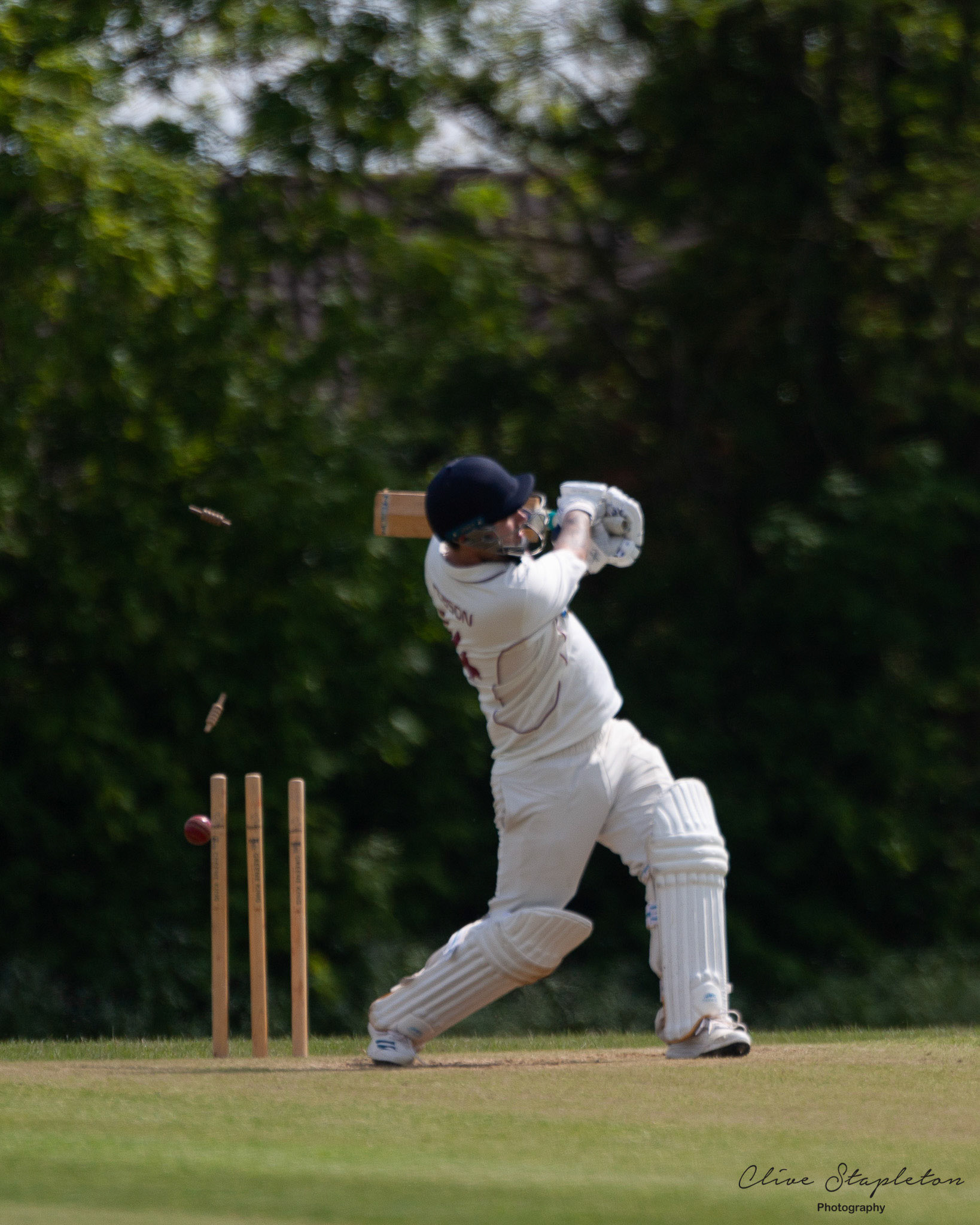Joshua Hobson of New Bradwell 2nd XI is Bowled by Addul Saboor Khan of Milton Keynes City CC