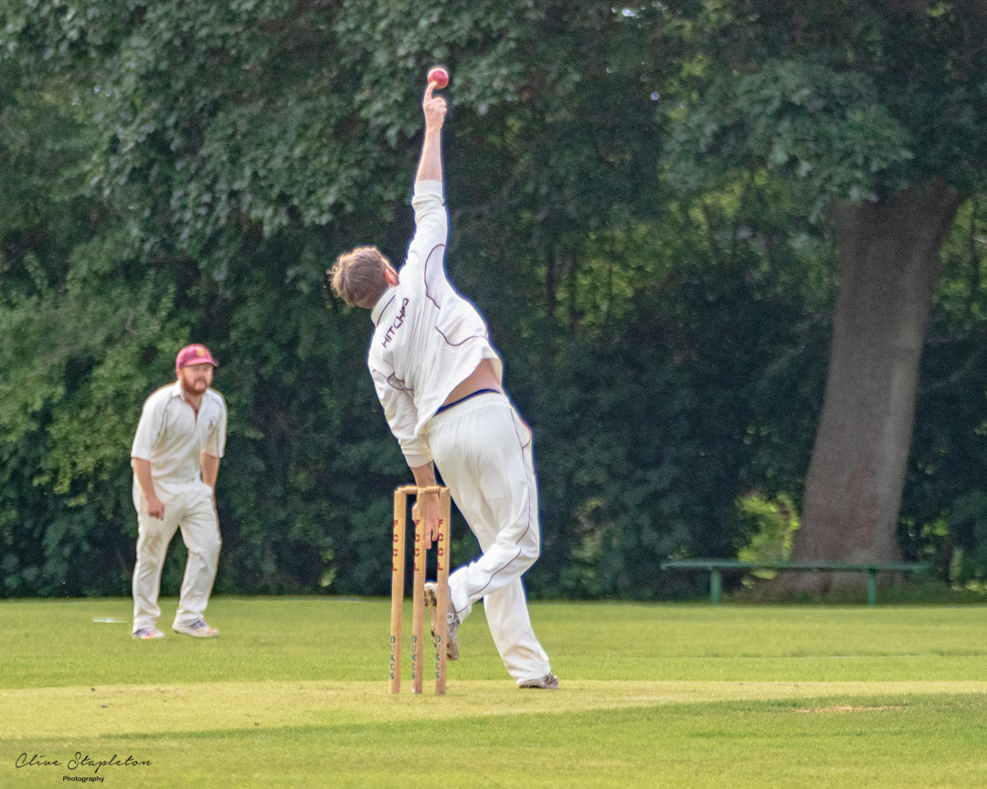 Max Hitchins bowling for New Bradwell 1st XI v Thurleigh 1st XI at New Bradwell Cricket Ground