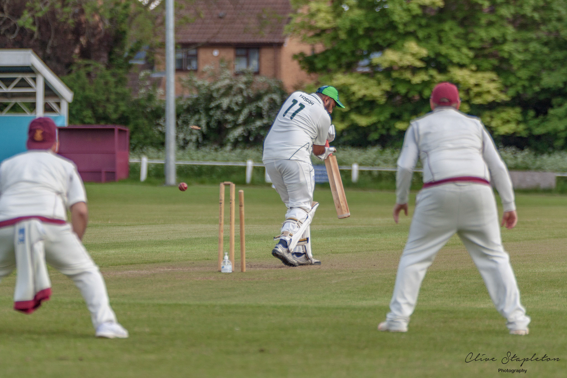 Shahid Parvez of Milton Keynes City Cricket Club is bowled by Kieran Lampard of new Bradwell