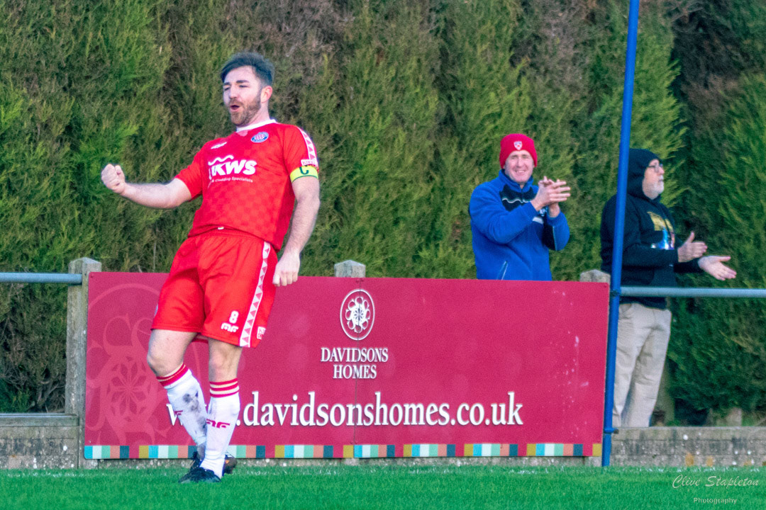 Ryan Seal celebrates scoring the second goal. for Gresley Rovers FC In the United Counties Premier Division North League match between Heather St Johns and Gresley Rovers played on 3rd Jan 2022. In the United Counties Premier Division North League match between Heather St Johns and Gresley Rovers played on 3rd Jan 2022. In the United Counties Premier Division North match between Heather St Johns and Gresley Rovers played 3rd January 2022