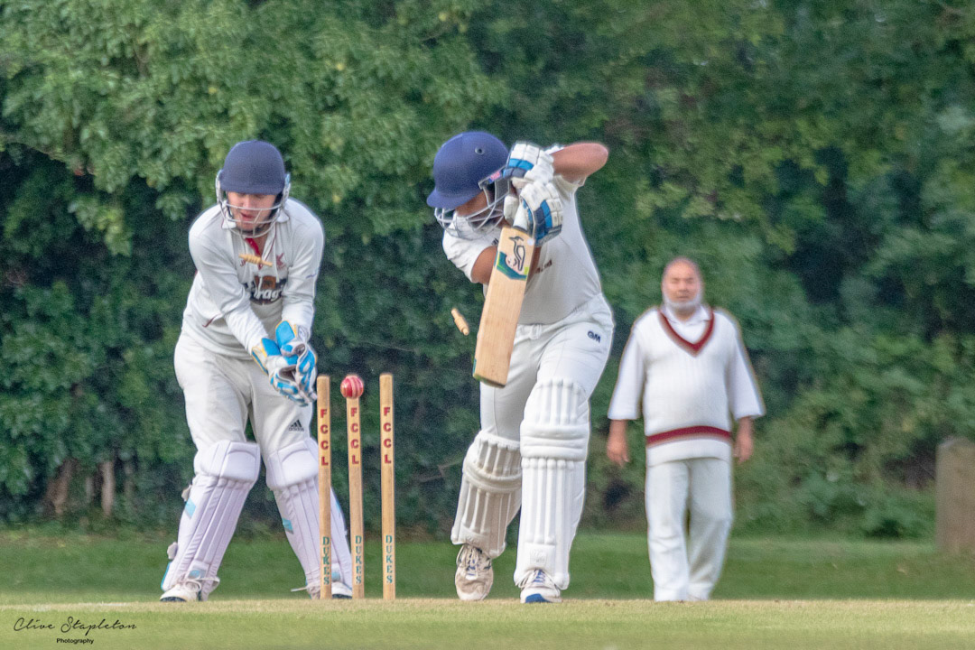 Rohan George of Great Brickhill is bowled by James McMillan of New Bradwell during the match played 28th August.