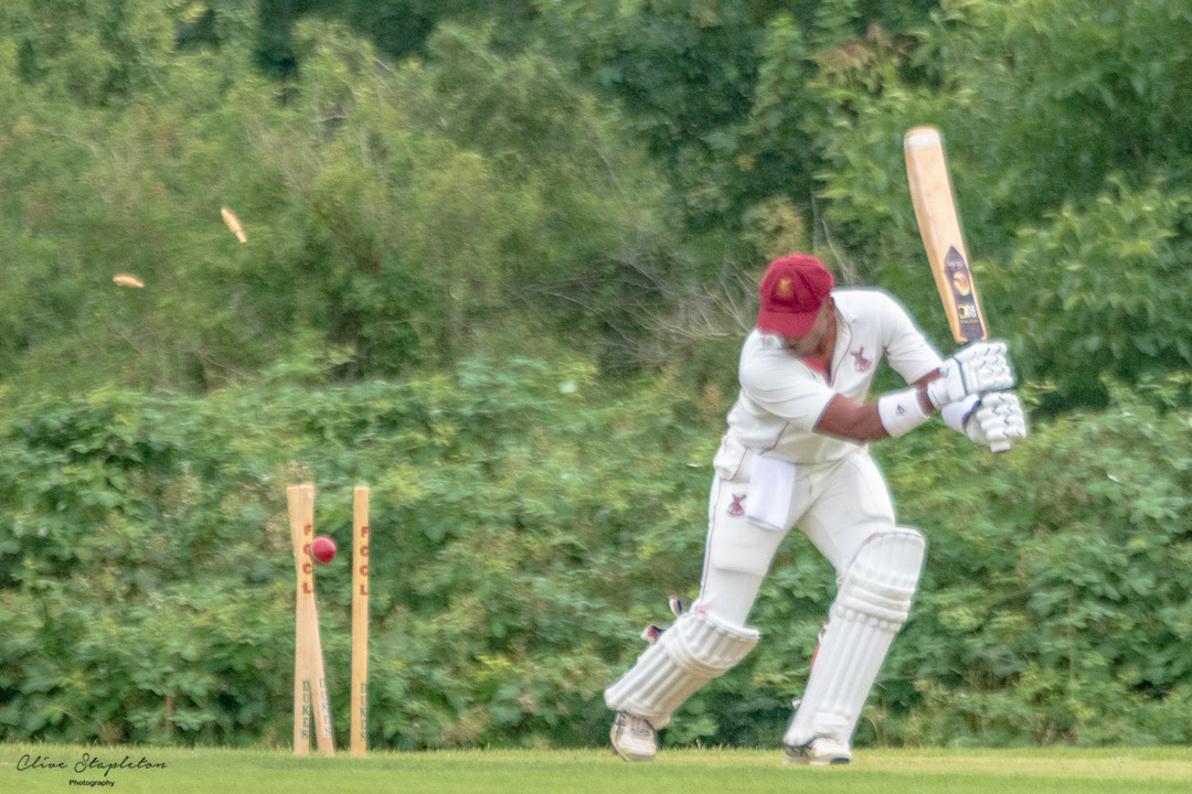 Vinodh Kumar of New Bradwell 1st XI is bowled by Akshat Buddineni of Thurleigh 1st XI at New Bradwell Cricket Ground