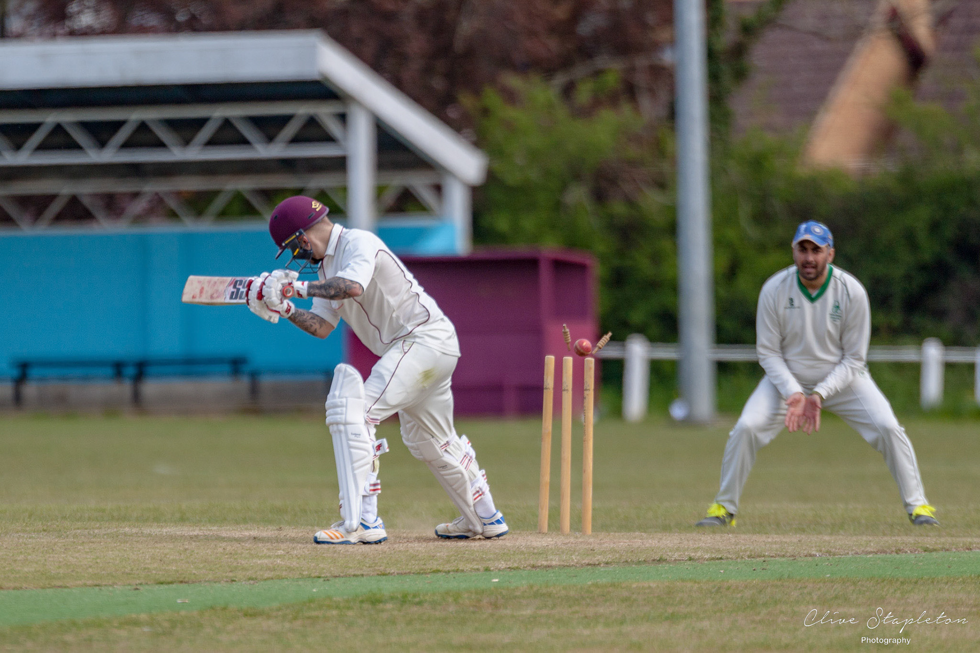 Cameron Bright is bowled by Jon Adams of Drayton Parslow