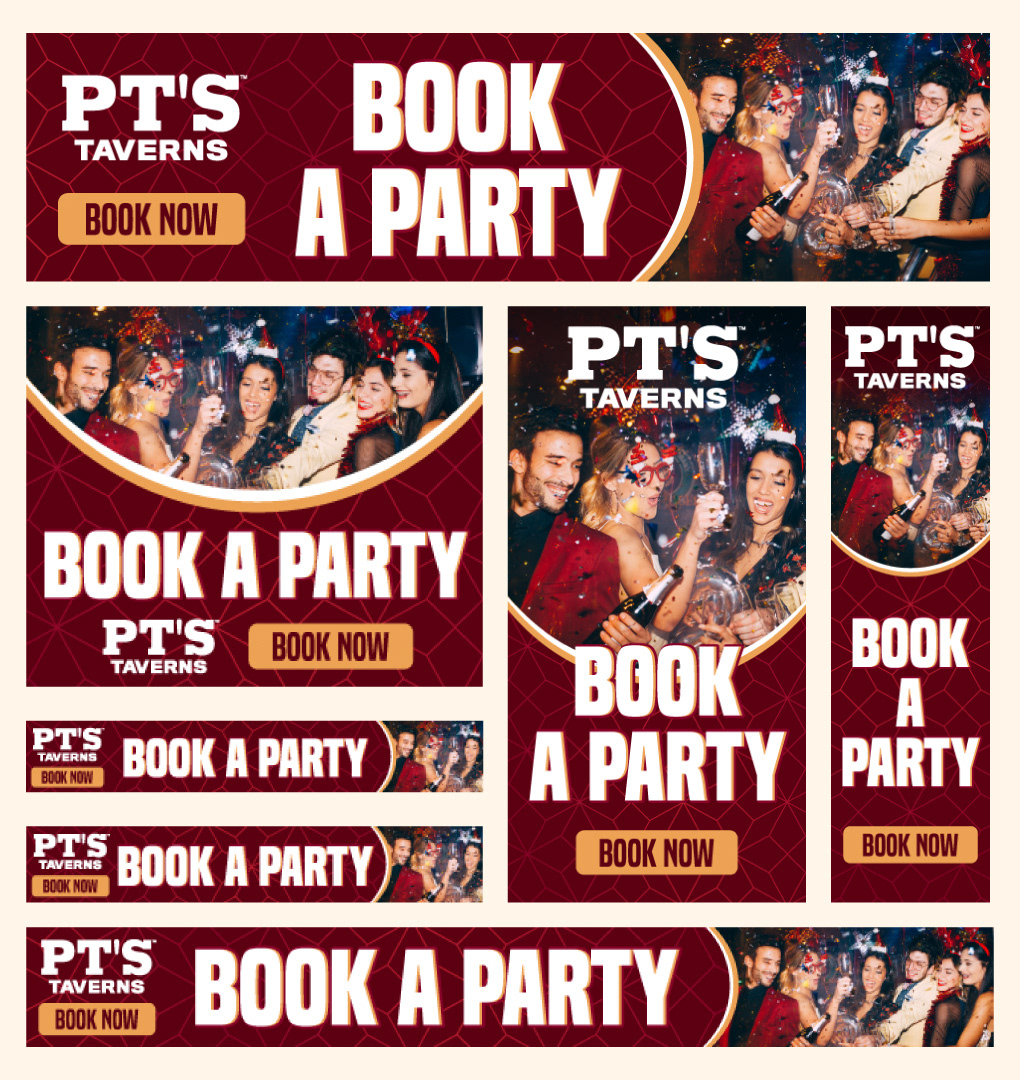 Display banners advertising banquet/party rooms at select PT's locations for holiday events. Designed banners with stock imagery, provided copy, and Christmas/New Years themed.