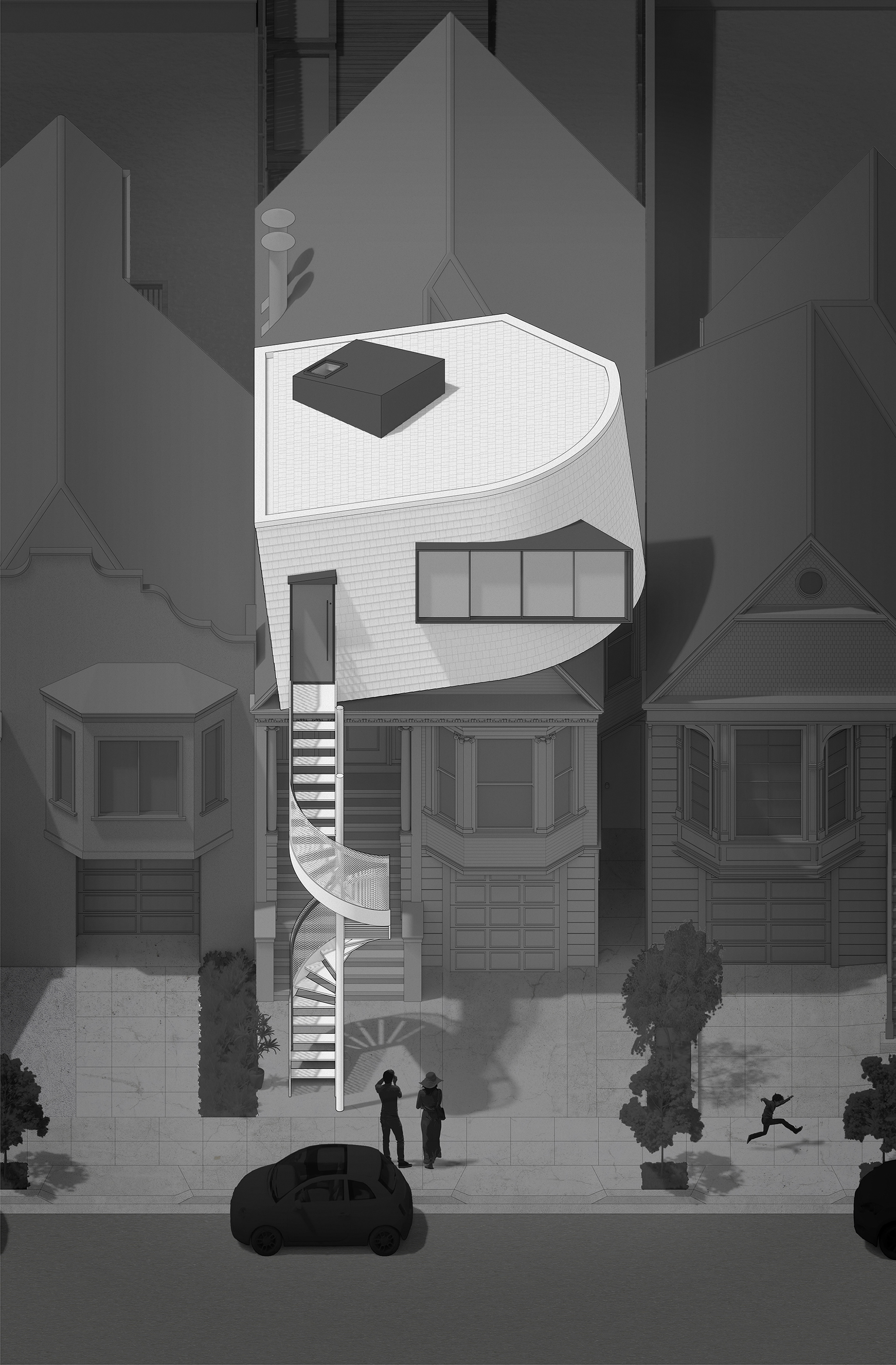 Fascinator Accessory Dwelling unit is worn like a hat by the existing house